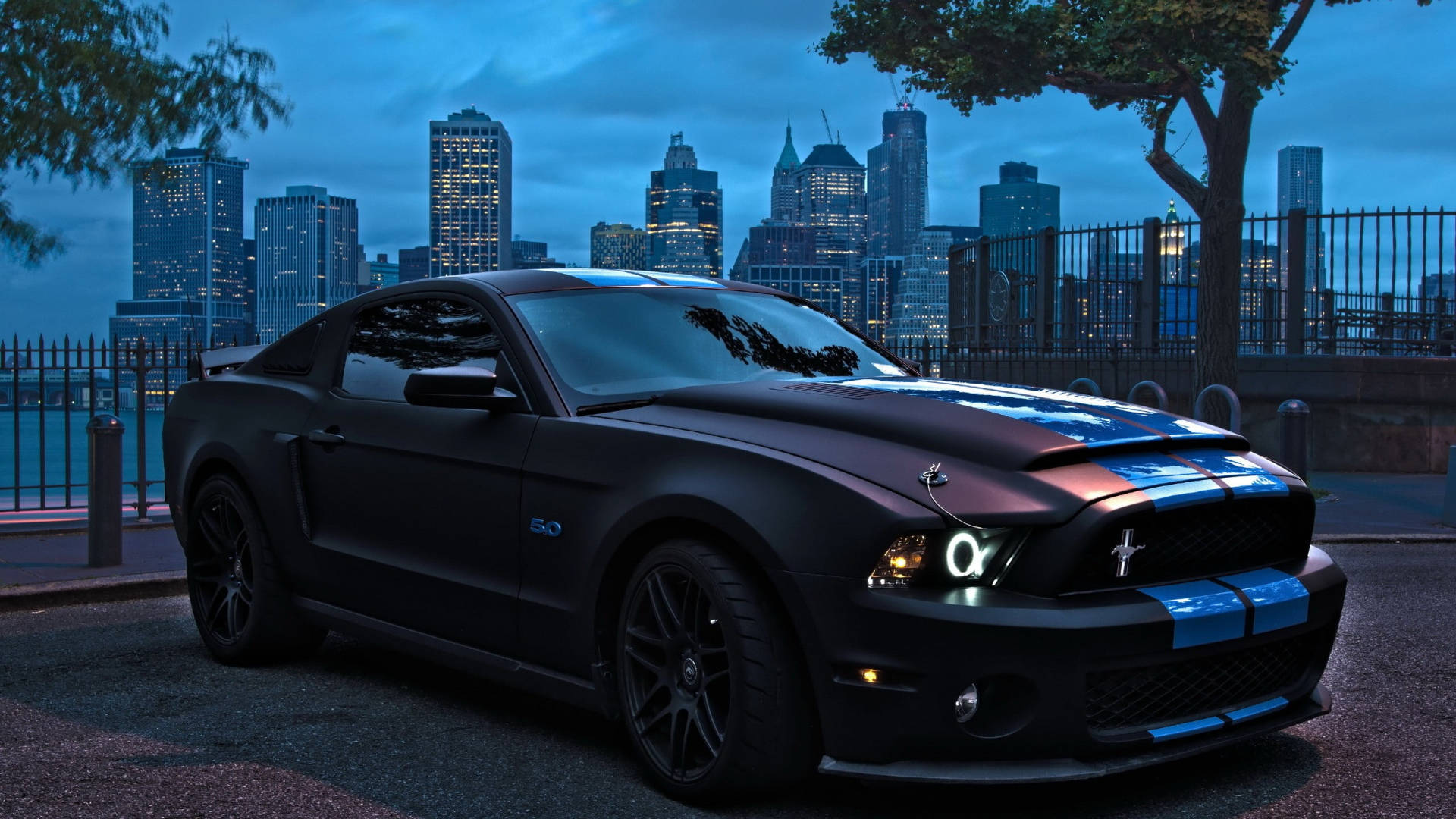 野馬GIF 桌布 壁紙 — 一輛啞光黑色福特野馬Shelby GT500，帶有藍色賽車條紋，在黃昏時分停泊在閃爍的城市天際線前。