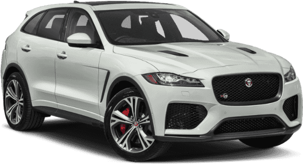 美洲豹 桌布 壁紙 — 一輛在工作室燈光下展示的白色Jaguar F-Pace SVR SUV，配備紅色煞車卡鉗和黑色飾件。