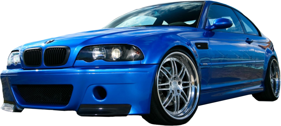 BMW 動圖 桌布 壁紙 — 一輛在工作室環境中展示的亮藍色BMW M3跑車，配備定制輪圈和降低的懸掛系統。