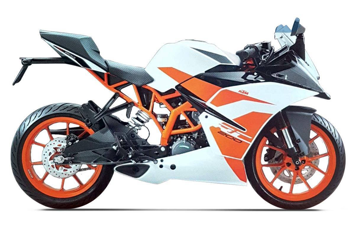 KTM RC 200 桌布 壁紙 — 一輛在攝影棚燈光下展示的白色和橙色KTM RC 200運動摩托車，帶有外露車架和碳纖維飾件。