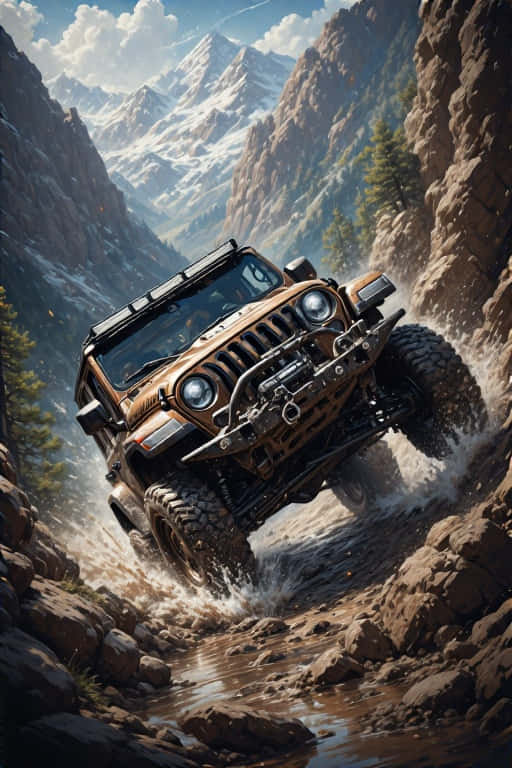 jeep climbing a rocky mountain, splashing through mud. 壁紙 — 一輛堅固的棕褐色吉普車配備超大輪胎，在岩石山溪中跳躍，白雪覆蓋的山峰聳立其上。