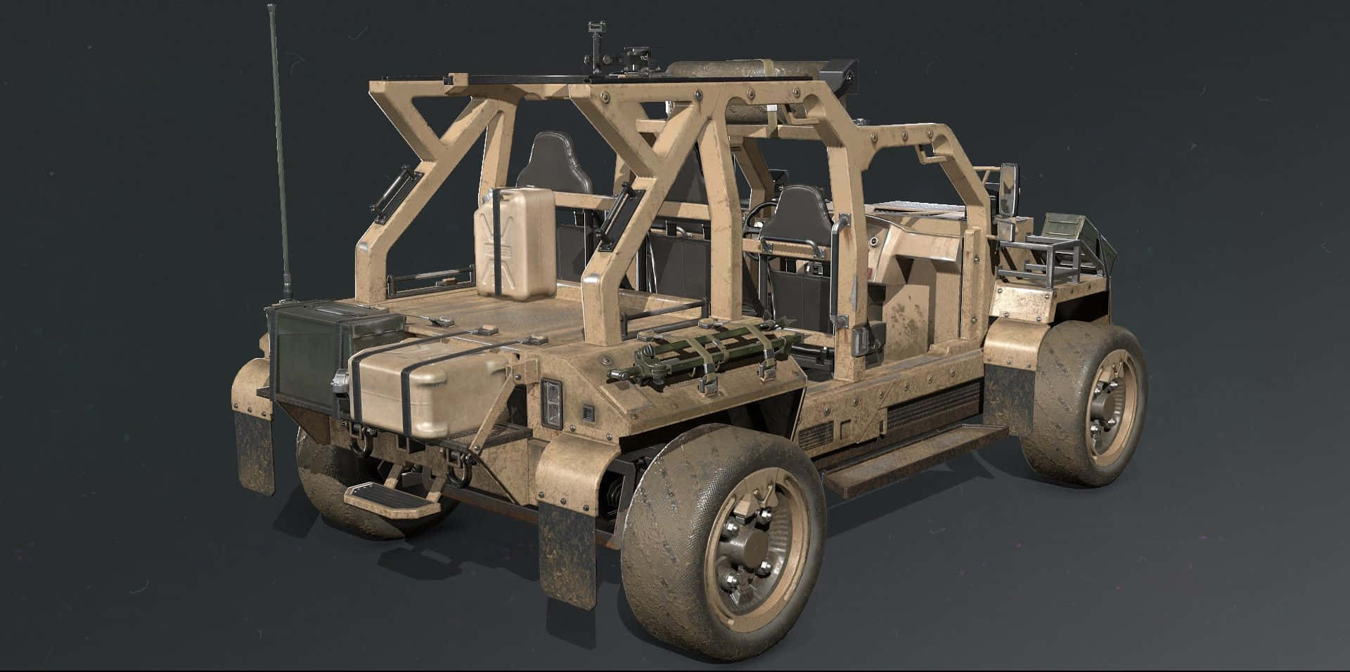 Call Of Duty Vehicles 桌布 壁紙 — 一輛堅固的棕褐色軍用裝甲車，帶有外露車架和安裝的武器，矗立在深色工作室背景前。