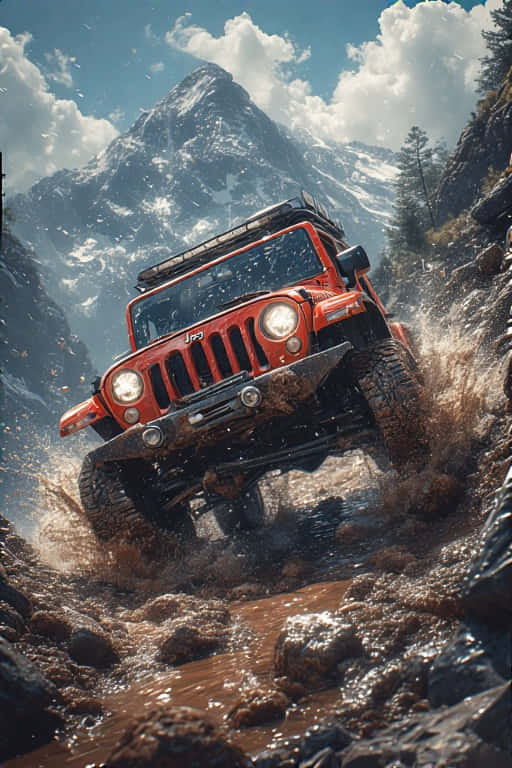 jeep climbing a rocky mountain, splashing through mud. 壁紙 — 一輛堅固的橙色吉普車飛躍泥濘的山間溪流，背景是白雪覆蓋的山峰和松樹。