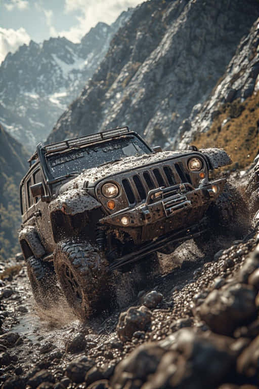 jeep climbing a rocky mountain, splashing through mud. 壁紙 — 一輛堅固的泥濘吉普車征服了岩石山徑，背景是白雪覆蓋的山峰。