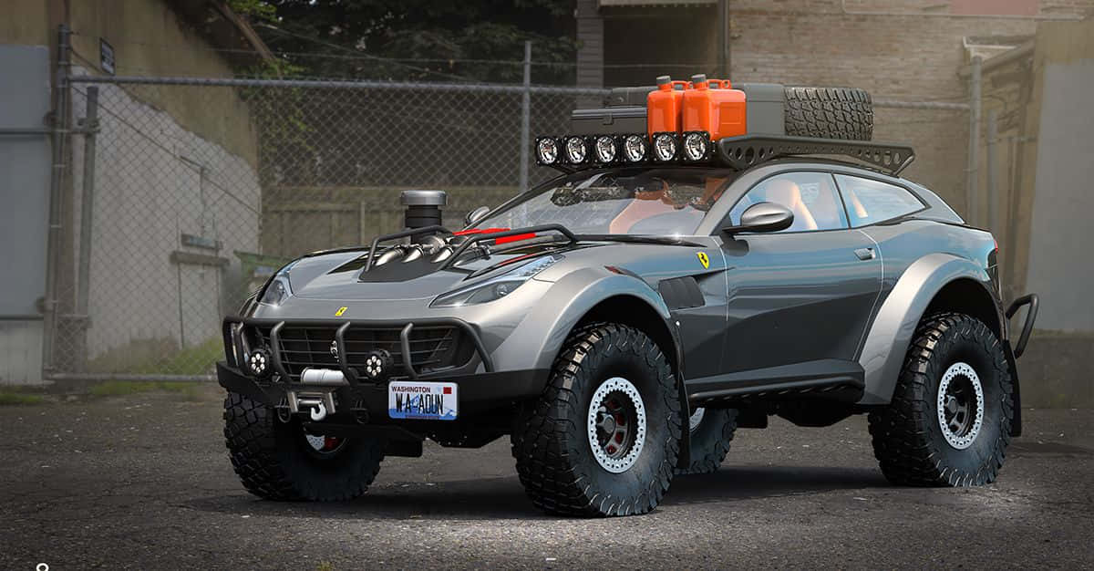 Off-road Car 桌布 壁紙 — 一輛堅固的灰色越野法拉利SUV，配備超大輪胎和車頂行李架上的橙色油桶，停泊在都市小巷中。