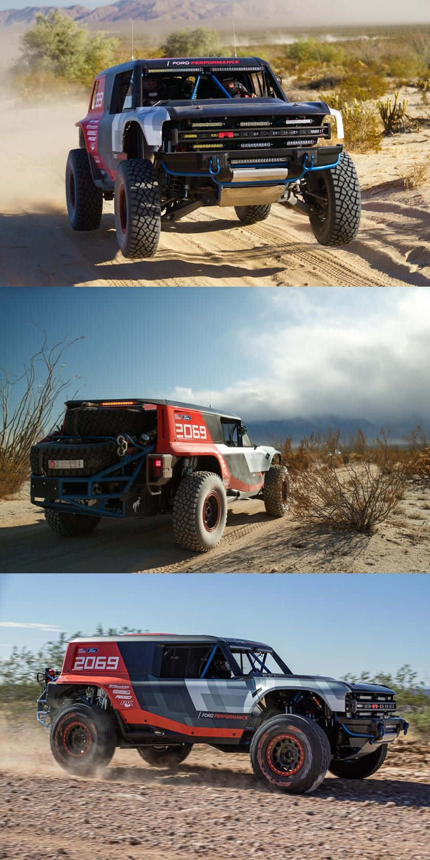 Off-road Car 桌布 壁紙 — 一輛堅固的福特 Bronco 賽車卡車在陽光明媚的沙漠小徑上疾馳，揚起塵土，遠山在望。