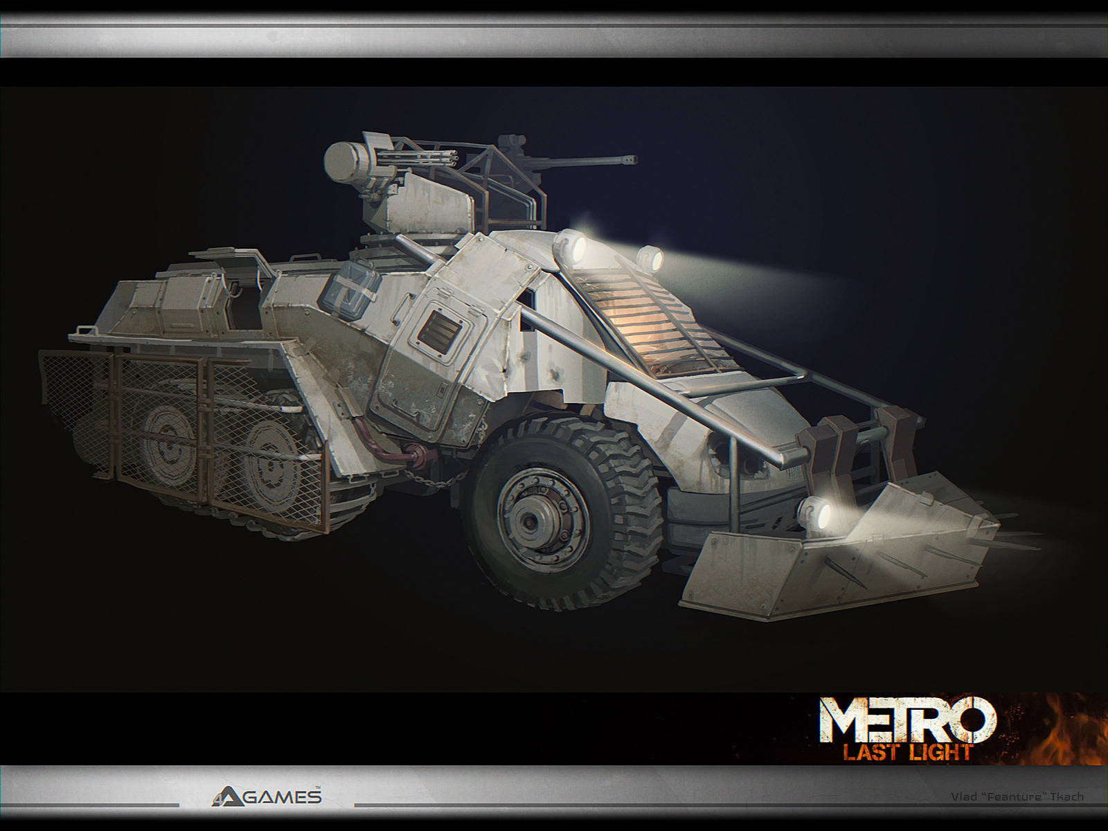 Metro Last Light 桌布 壁紙 — 一輛堅固的裝甲車，車頭燈發光，在末日後的環境中劃破黑暗。