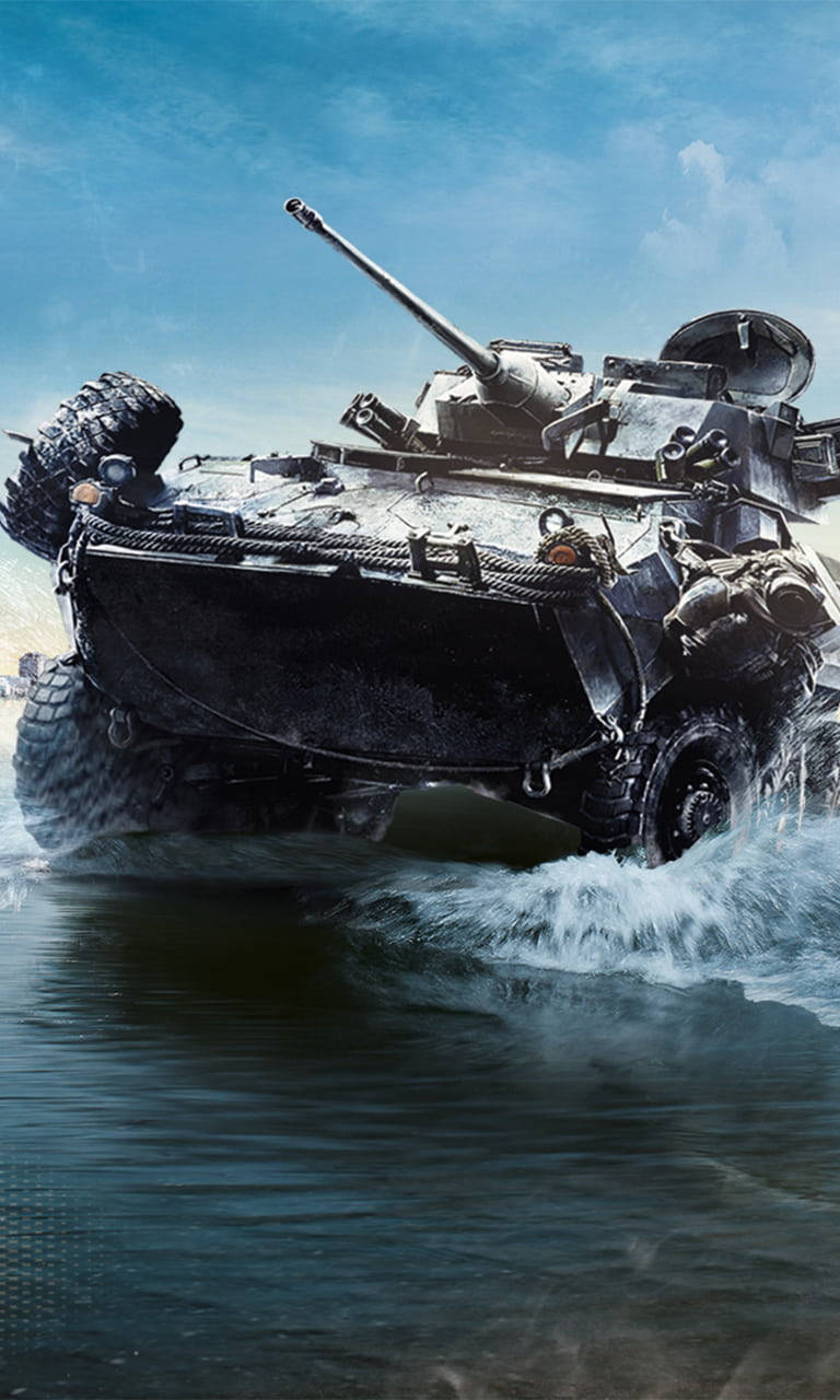 Battlefield 桌布 壁紙 — 一輛堅固的裝甲車在藍天白雲下穿越湍急的水域。