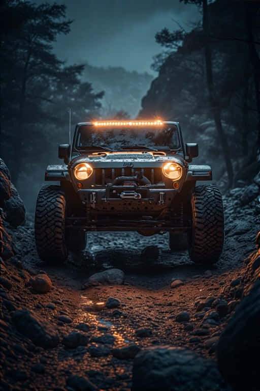 Jeep Wrangler illuminating a rocky trail with its headlights at night. 壁紙 — 一輛堅固的越野吉普車，車頭燈和車頂燈條發光，在黃昏時分駛過霧氣瀰漫的岩石森林小徑。