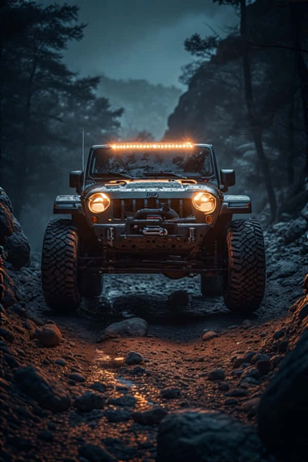 Wrangler 桌布 壁紙 — 一輛堅固的越野吉普車，車頭燈和車頂燈條發光，在黃昏時分駛過霧氣瀰漫的岩石森林小徑。