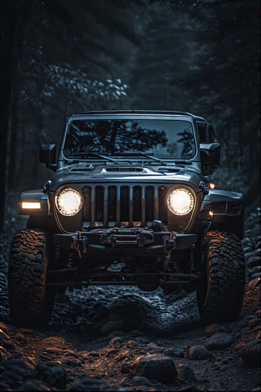 Jeep Wrangler illuminating a rocky trail with its headlights at night. 壁紙 — 一輛堅固的黑色Jeep Wrangler，車頭燈閃爍，在夜間沿著岩石森林小徑向前行駛。