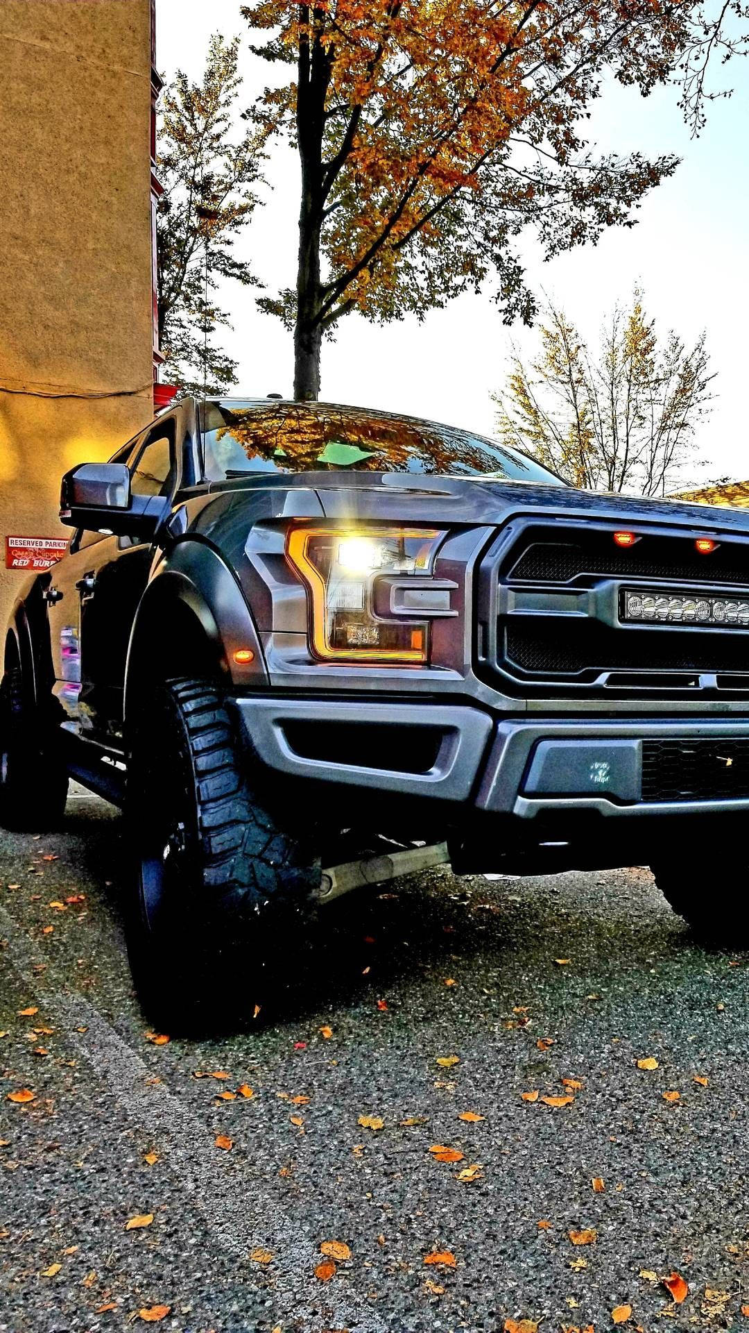 ford iPhone 桌布 壁紙 — 一輛堅固的黑色福特 F-150 Raptor 停在碎石上，周圍是秋天的樹木和落葉。