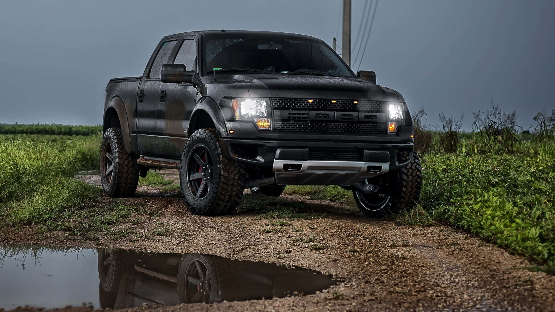 Ford Truck 桌布 壁紙 — 一輛堅固的黑色福特 F-150 Raptor 停在泥濘的小徑上，車頭燈亮起，在陰天的天空下倒映在水坑中。
