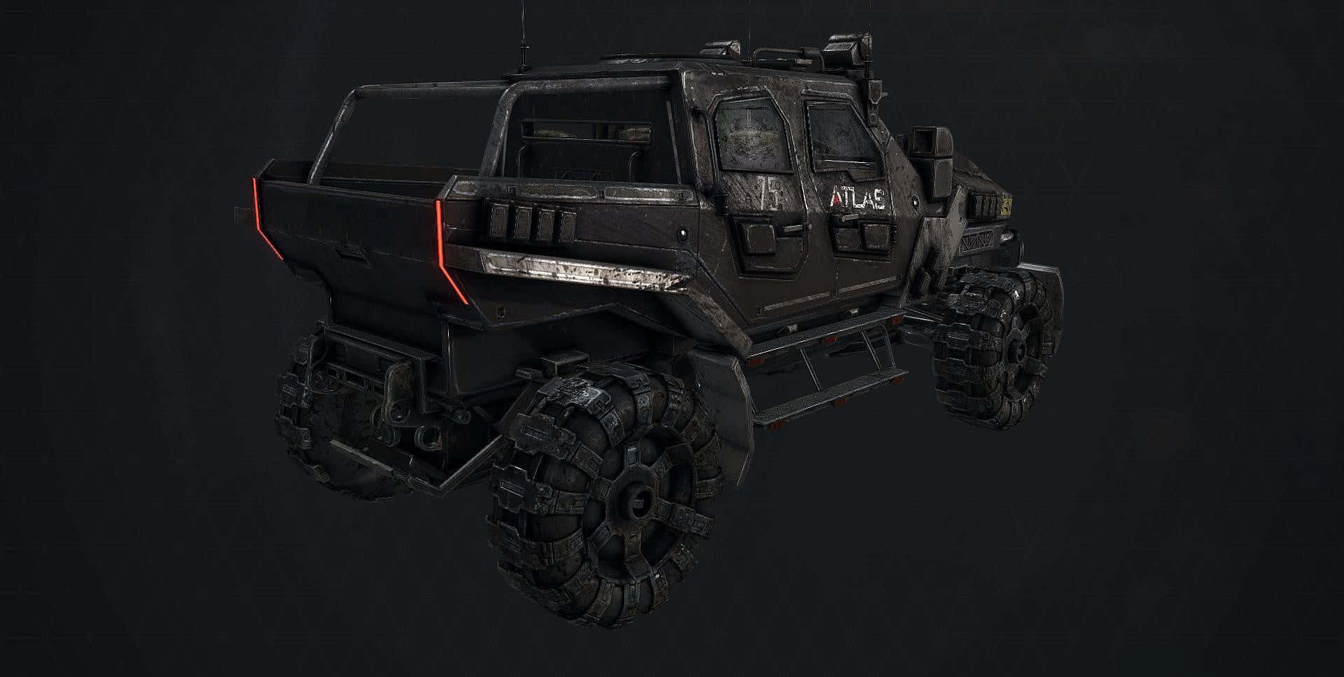Call Of Duty Vehicles 桌布 壁紙 — 一輛堅固的黑色裝甲車，帶有發光的紅色裝飾和巨大的履帶輪胎，懸浮在黑暗背景上。