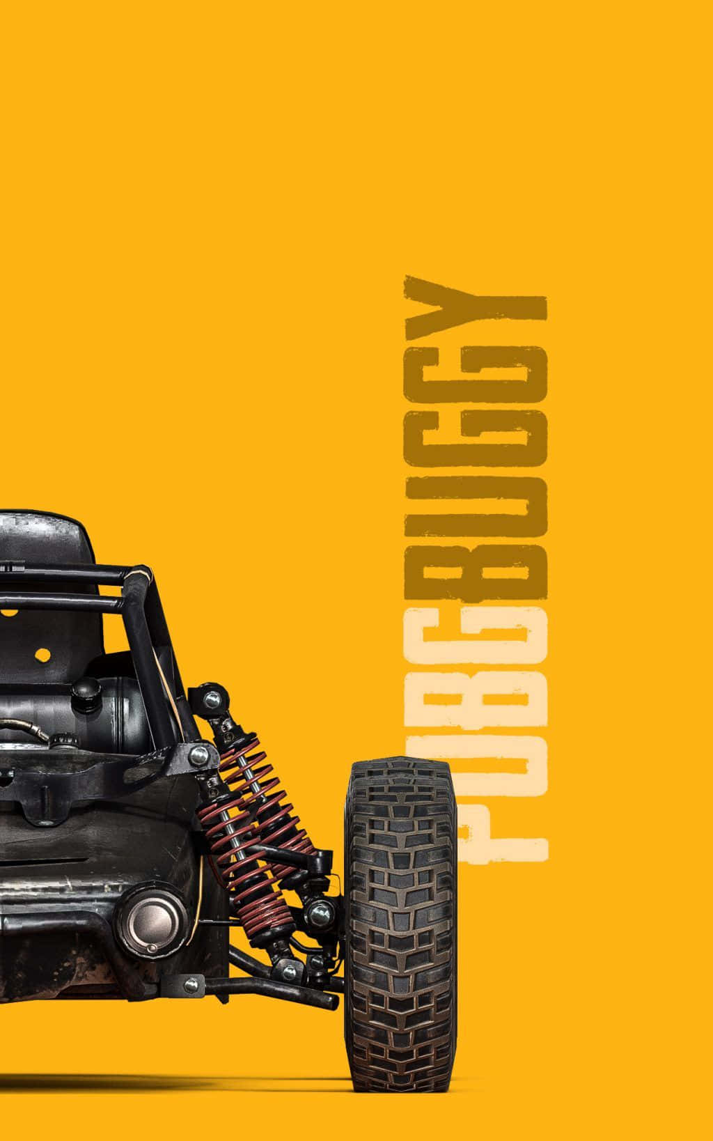 Pubg Logo 桌布 壁紙 — 一輛堅固的黑色越野車帶有紅色螺旋彈簧，立在帶有 'PUBG BUGGY' 文字的醒目黃色背景前。