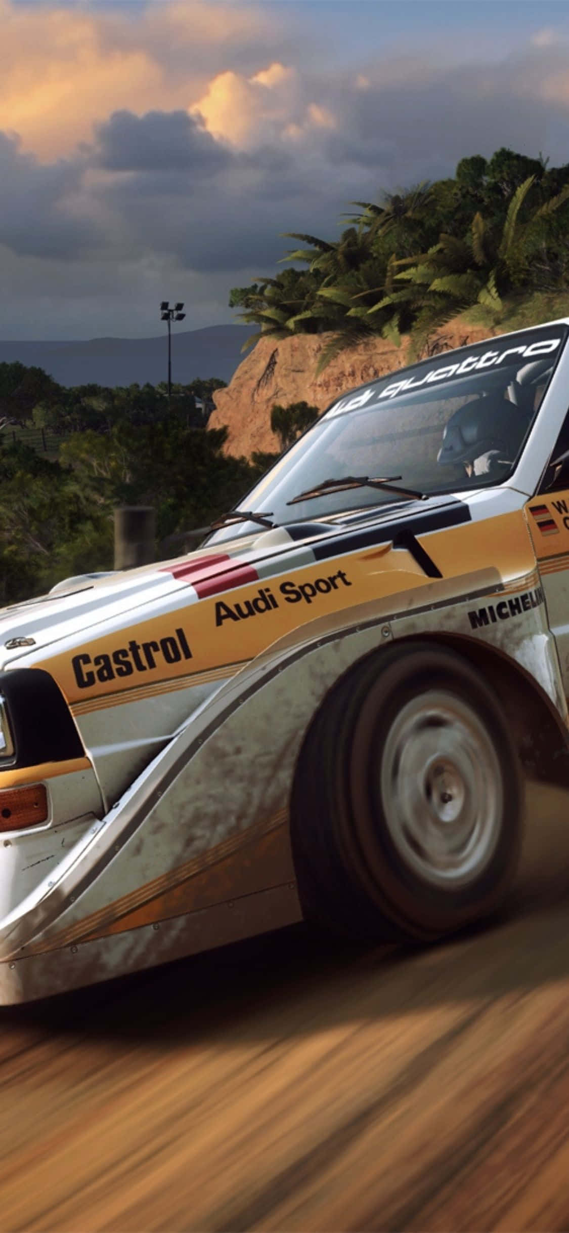 iPhone X Dirt Rally 桌布 壁紙 — 一輛塵土飛揚的奧迪 Quattro 拉力賽車在日落時分沿著泥路穿過熱帶景觀飛馳。