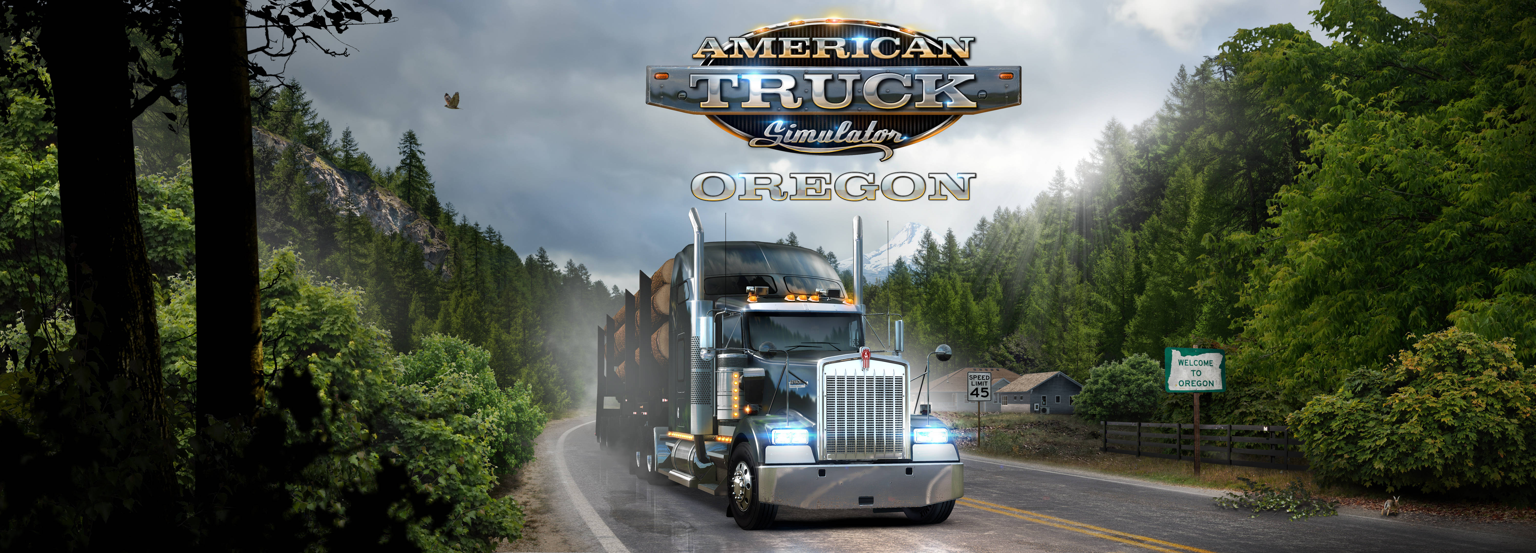 American Truck Simulator 桌布 壁紙 — 一輛大型半掛卡車在陰天下行駛在蜿蜒的林間道路上，上方有「American Truck Simulator Oregon」標誌。