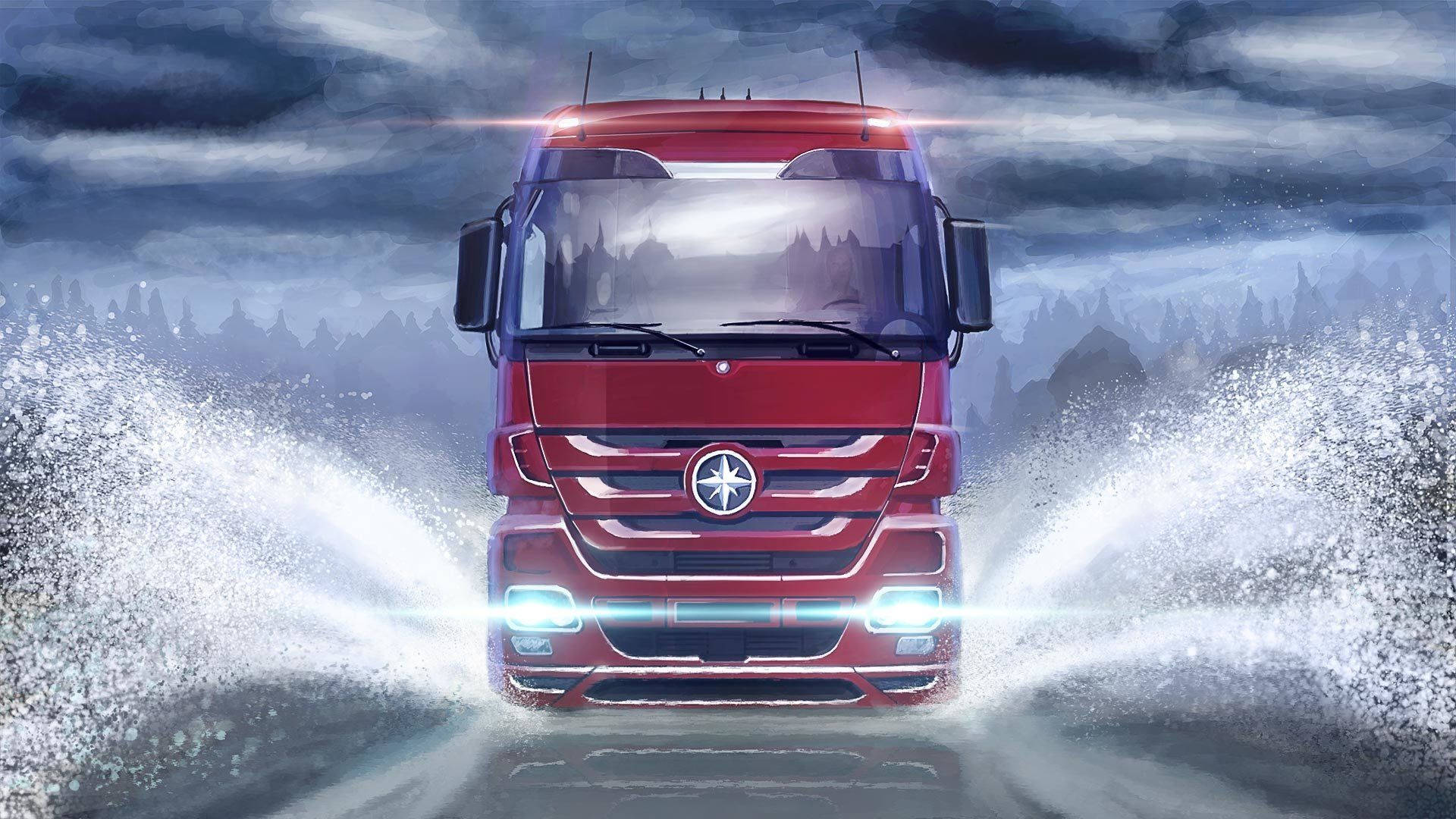 American Truck Simulator 桌布 壁紙 — 一輛大膽的紅色卡車在暴風雨的天空下穿過雪地，車頭燈閃閃發光。