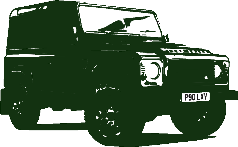 荒原路華 桌布 壁紙 — 一輛大膽的綠色復古 Land Rover Defender 剪影，帶有白色亮點，在純黑色背景上脫穎而出。