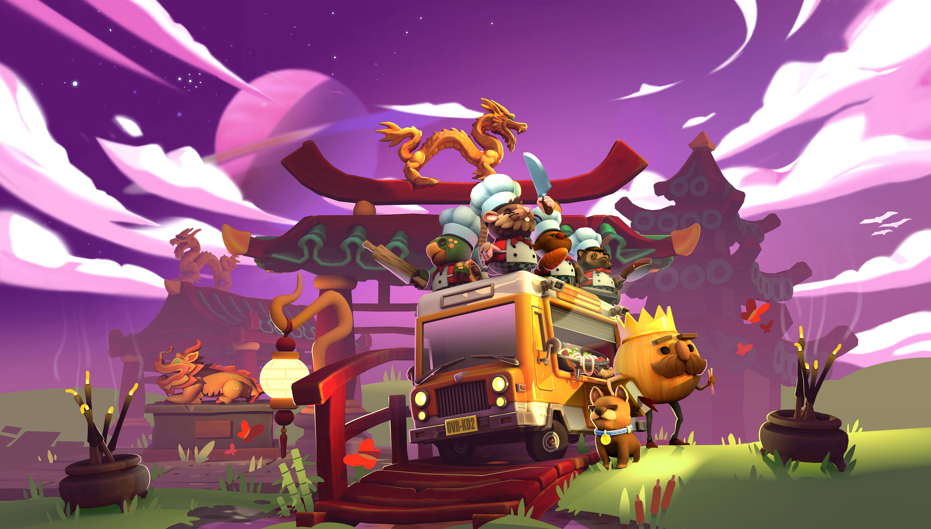 Overcooked 桌布 壁紙 — 一輛奇特的卡通餐車，頂上有廚師和一條龍，在紫色暮色天空下靠近神社行駛。