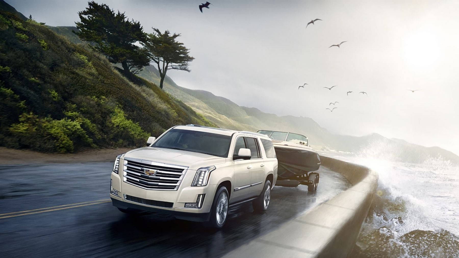 Cadillac 桌布 壁紙 — 一輛奶油色SUV沿著海岸道路拖著一艘船，旁邊波浪拍打，鳥兒在頭頂飛翔。