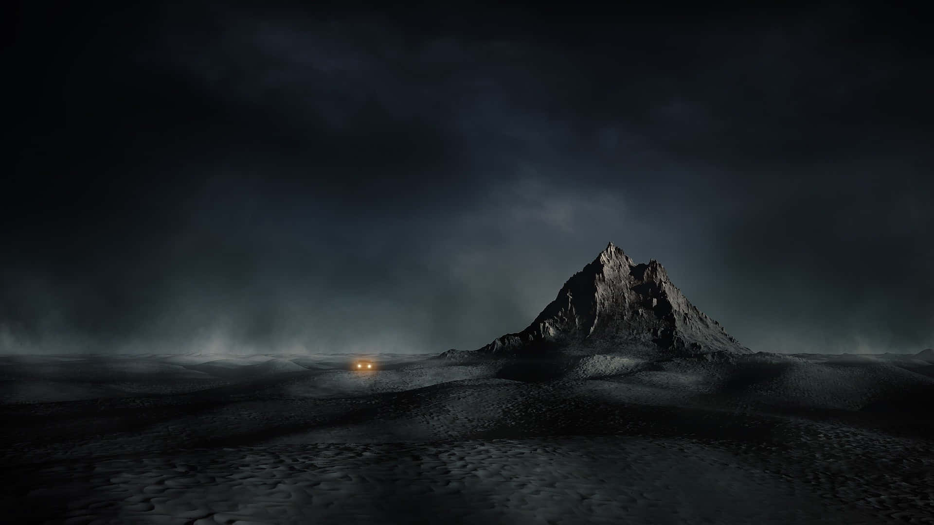 Dark Mode 桌布 壁紙 — 一輛孤獨的發光車輛穿越荒涼、龜裂的荒地，在暴風雨的夜空下，遠處有一座鋸齒狀的山峰。