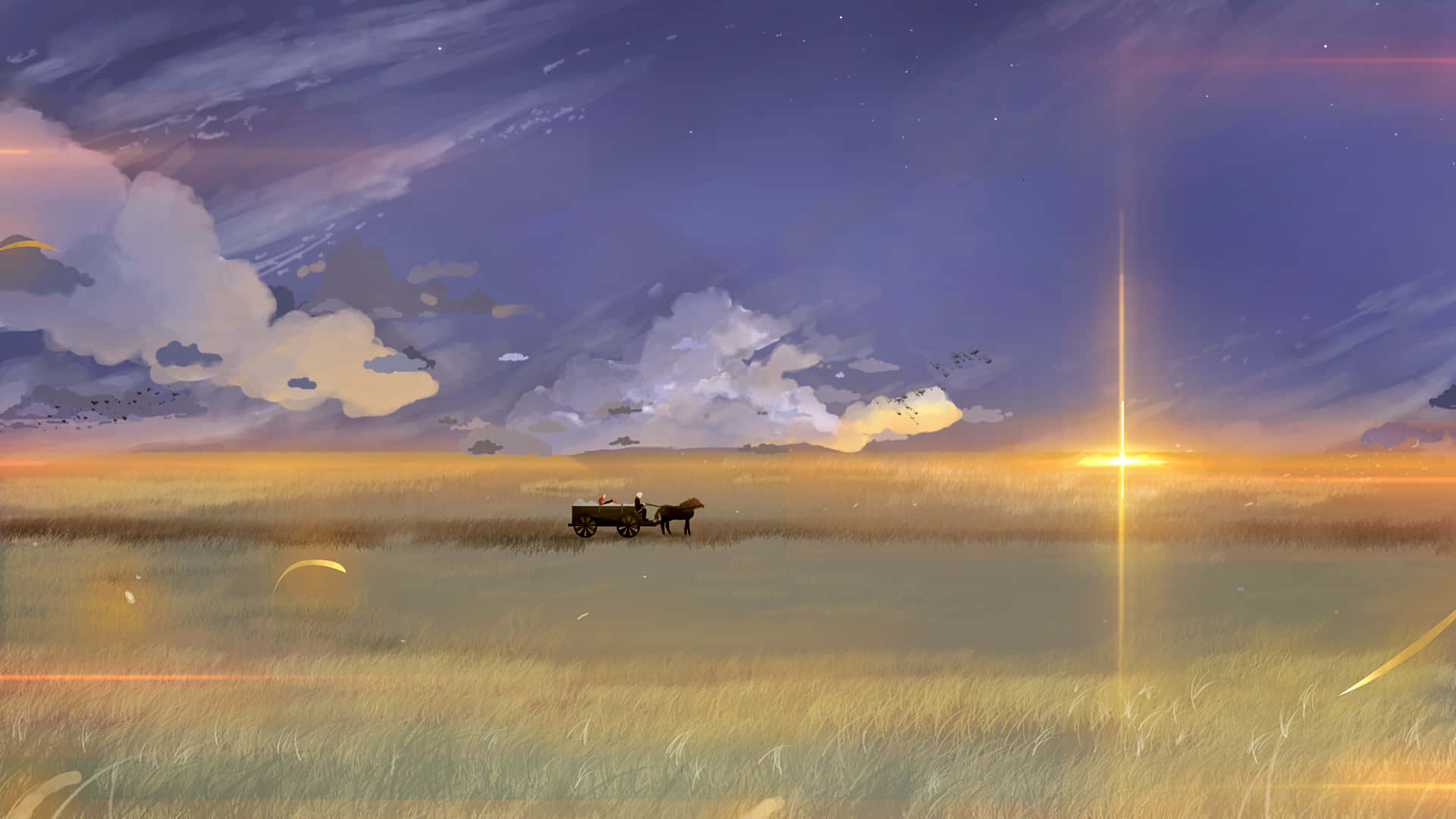 Spice And Wolf 桌布 壁紙 — 一輛孤獨的馬車穿越金色草原，天空暮色中帶有紫色雲彩和閃爍星光。