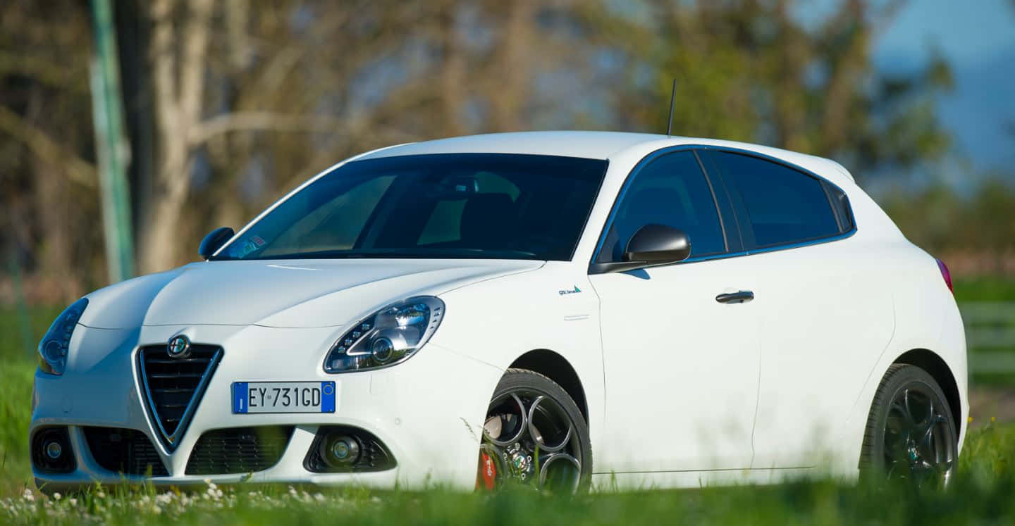 Alfa Romeo Giulietta 桌布 壁紙 — 一輛完美無瑕的白色愛快羅密歐 Giulietta 停在草地上，背景有樹木和藍天。