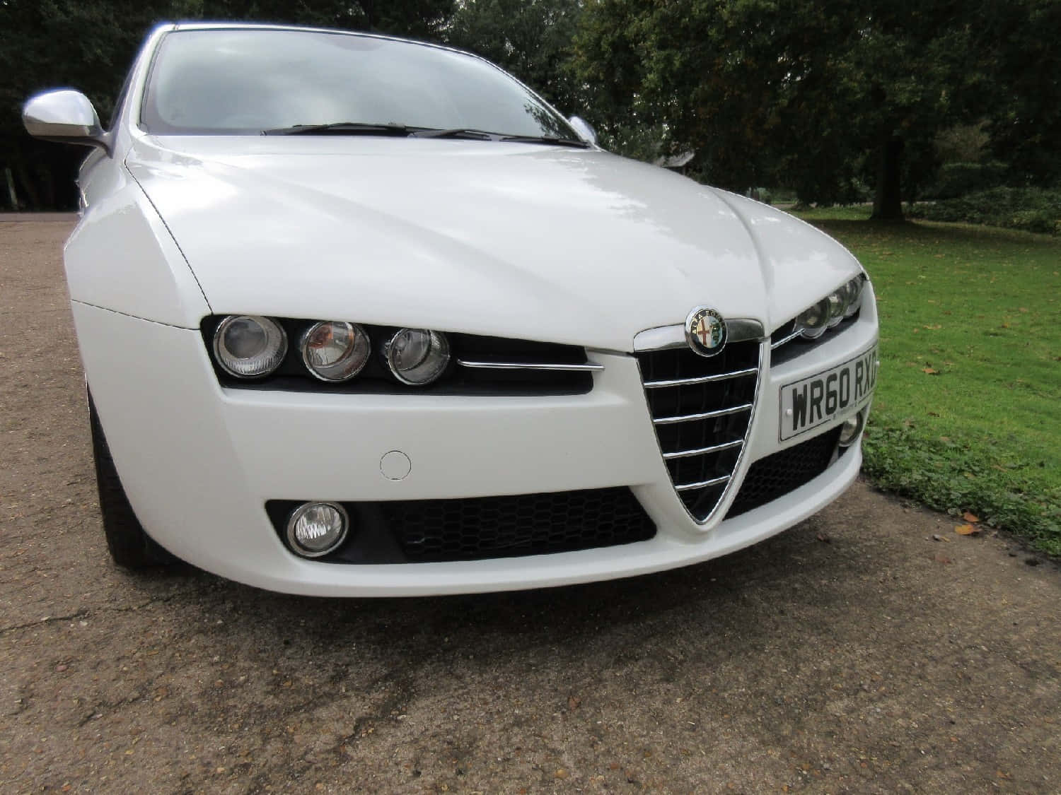 Alfa Romeo 159 桌布 壁紙 — 一輛完美無瑕的白色愛快羅密歐跑車停泊在碎石路上，旁邊是草地公園，背景有樹木。