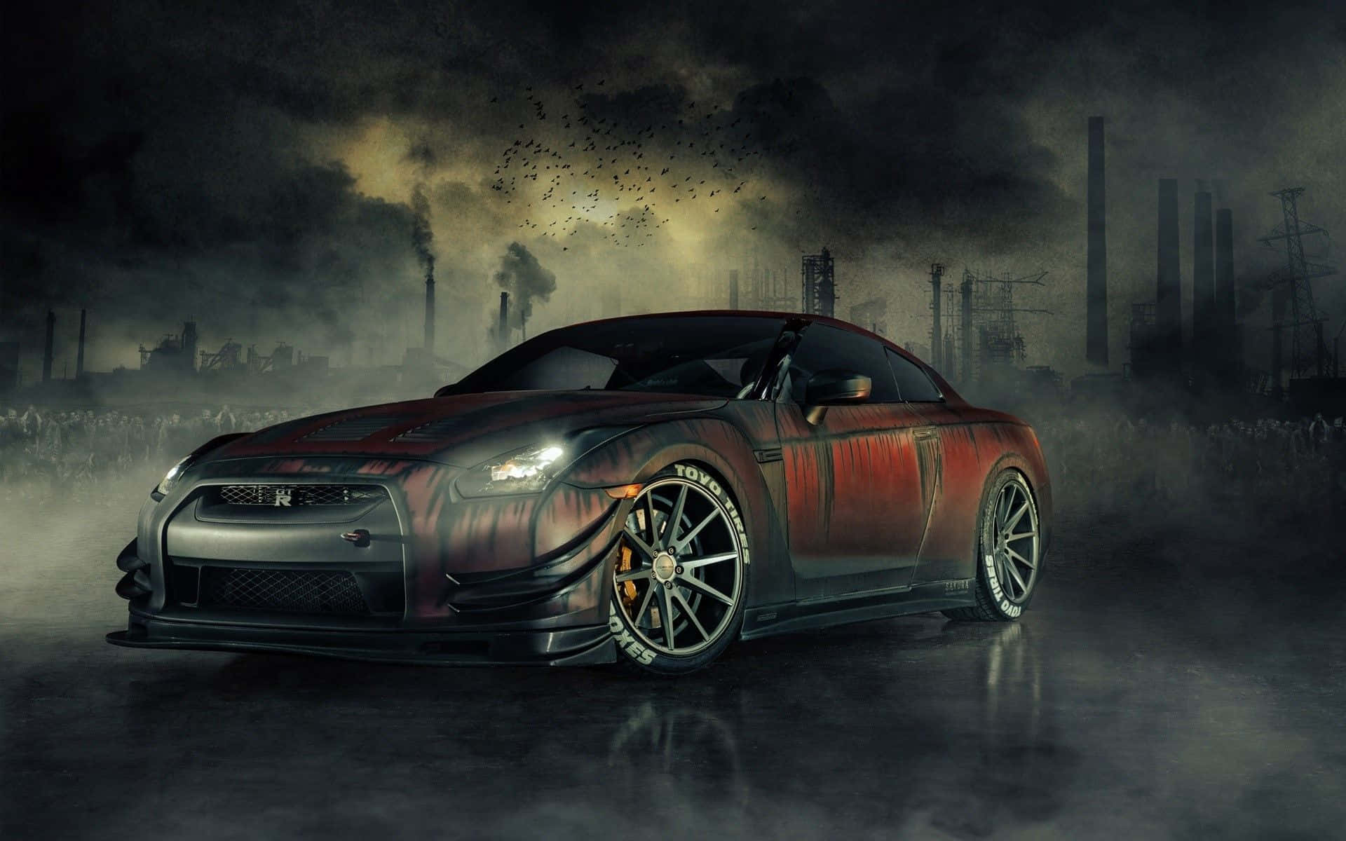 一輛定制的跑車在黑暗的工業廢墟中，背景有煙霧和工廠。 — Toyota Supra Mk4 壁紙