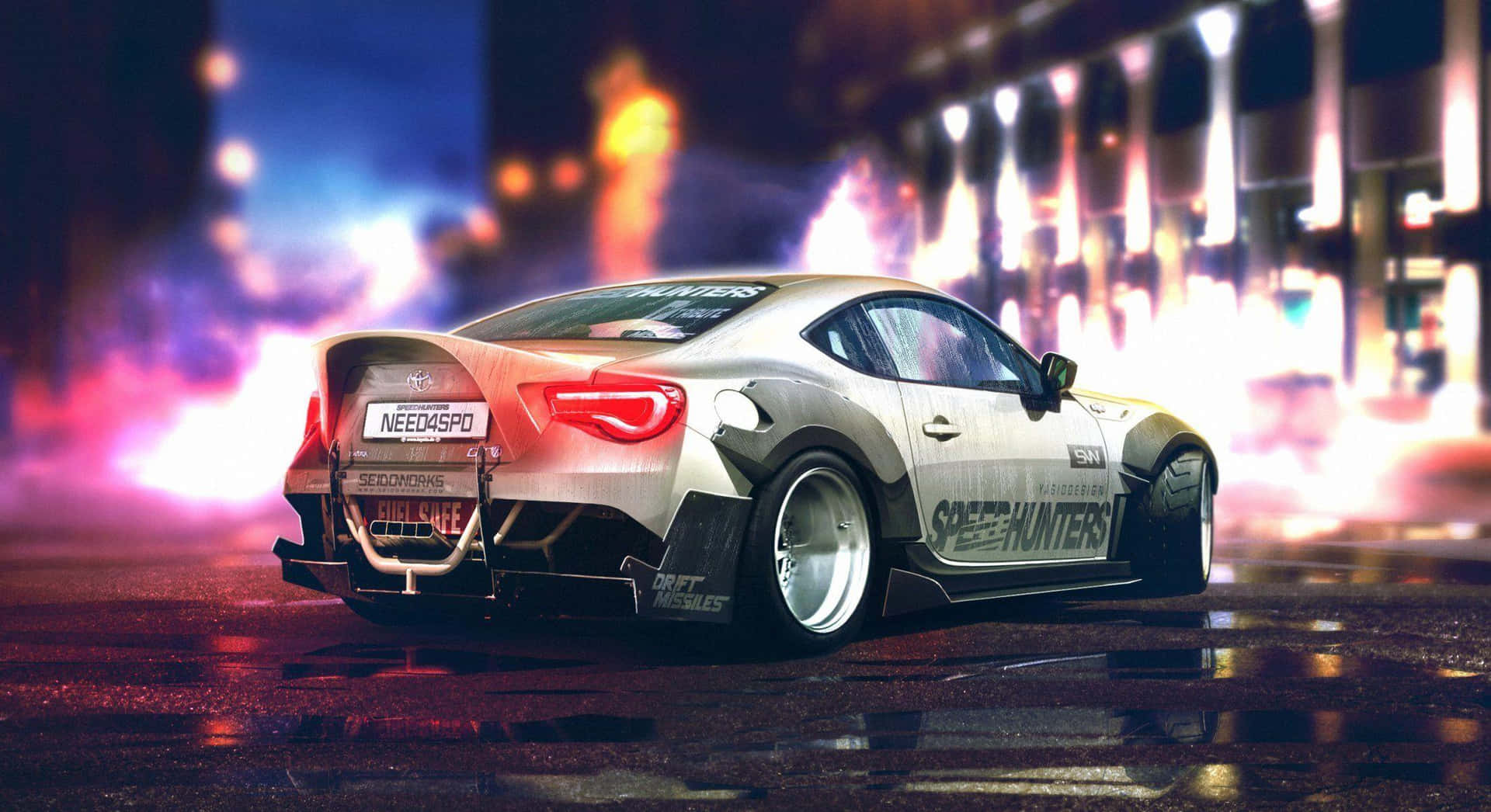 定製漂移車在夜晚霓虹燈照亮潮濕的都市街道上飛馳。 — Toyota Supra Mk4 壁紙