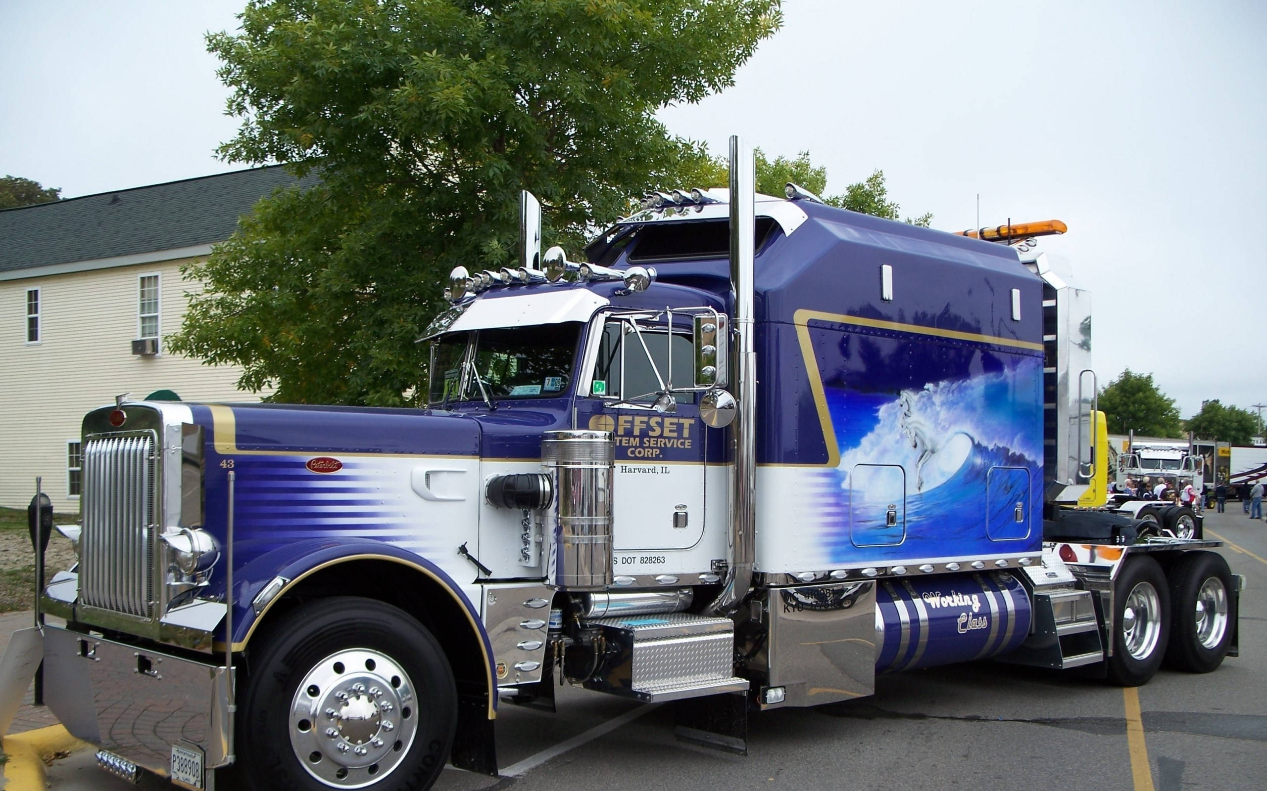 Peterbilt 桌布 壁紙 — 一輛定製的藍白色半掛卡車，帶有波浪和馬匹壁畫，停在一棟有綠色樹木的建築物前。