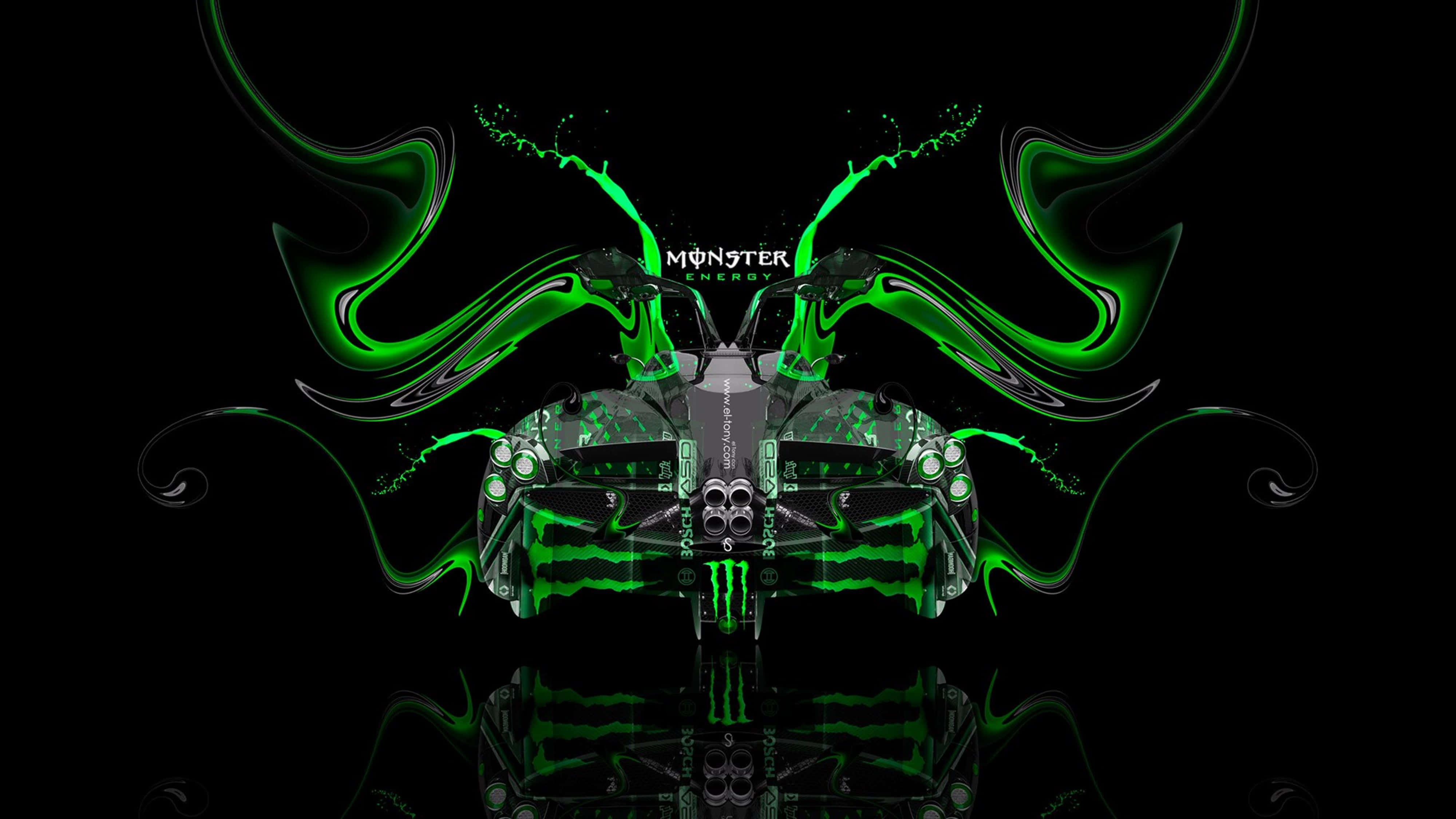 monsters 桌布 壁紙 — 一輛對稱的綠色Monster Energy機車，在黑色背景上帶有旋轉的液體狀火焰。