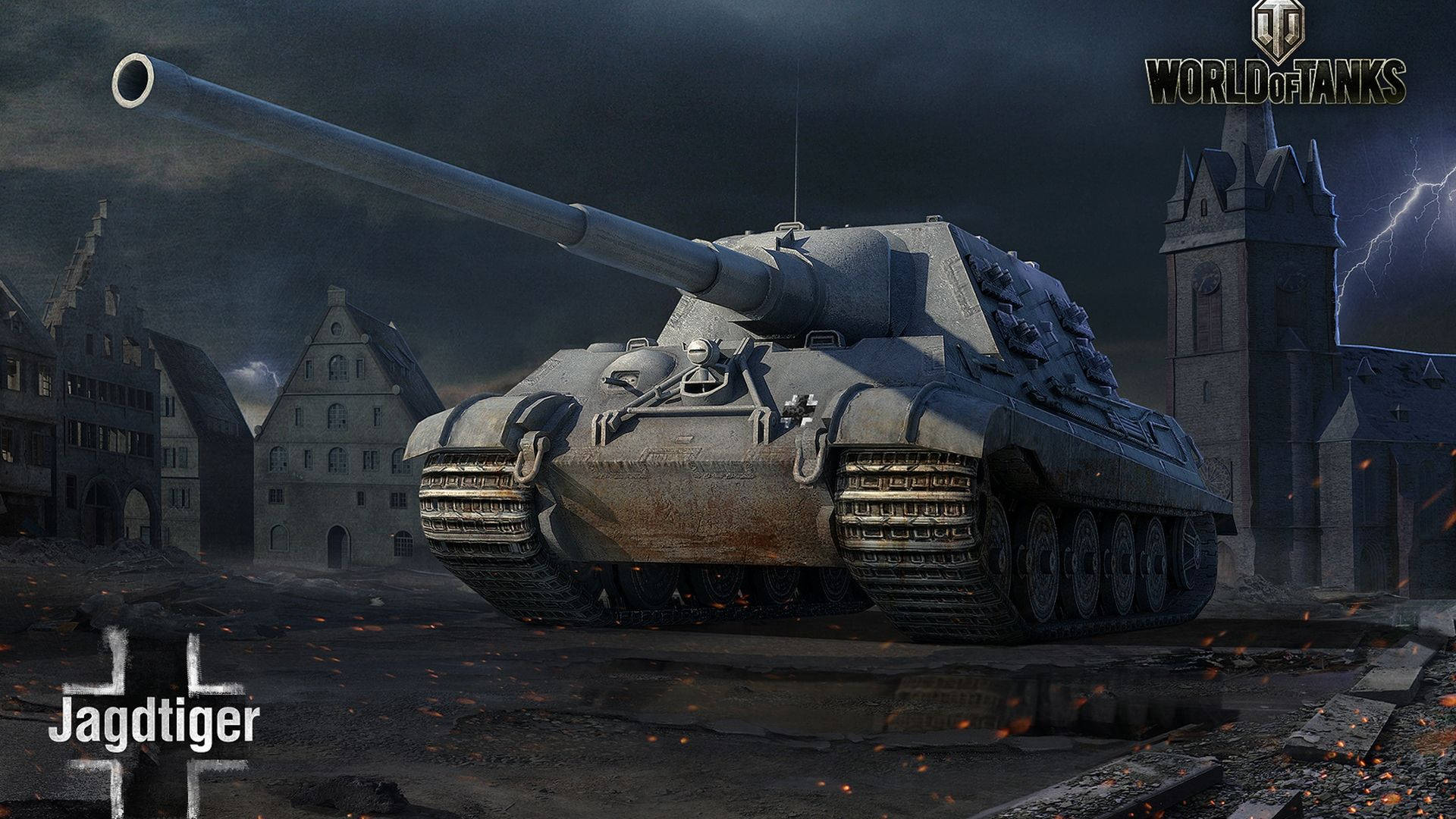 World 桌布 壁紙 — 一輛巨大的 Jagdtiger 坦克在暴風雨的天空下，閃電擊中教堂塔樓附近，主宰著一個飽受戰爭蹂躪的歐洲小鎮。