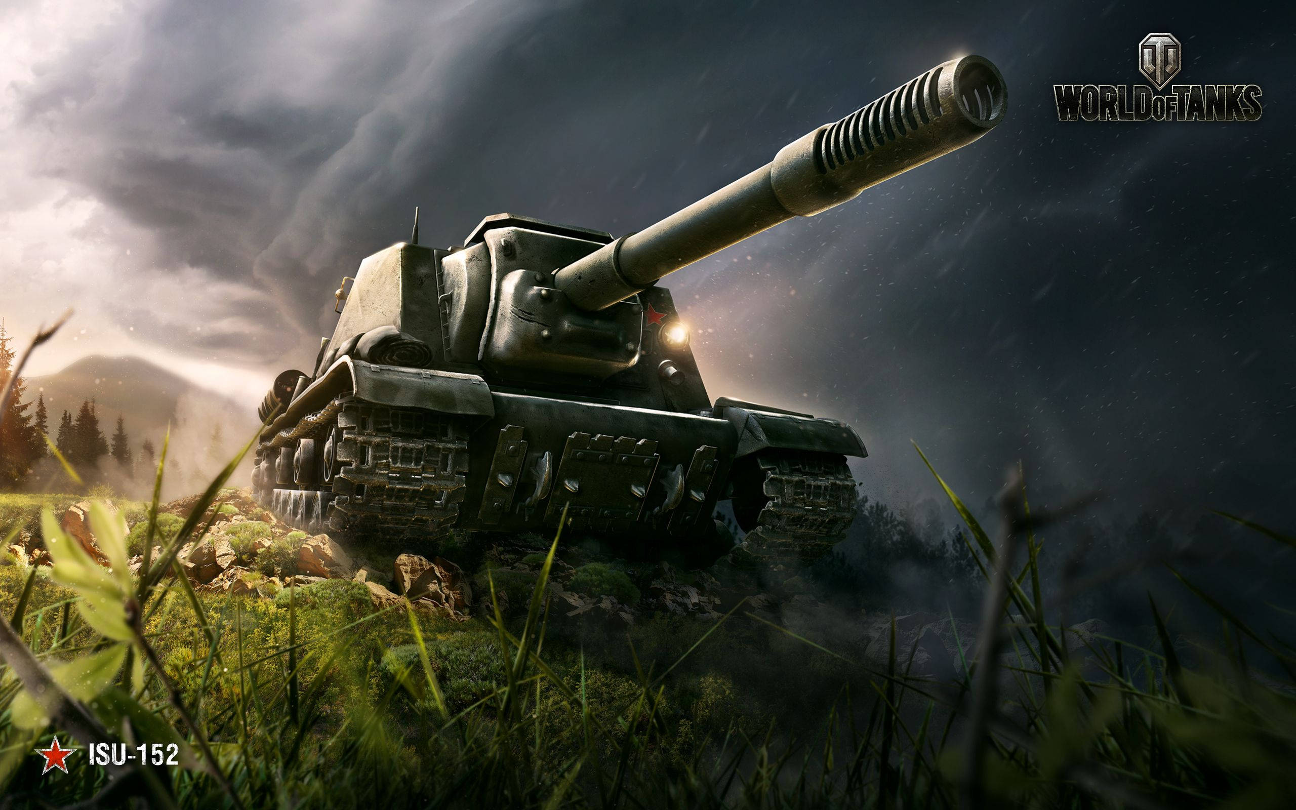 World 桌布 壁紙 — 一輛巨大的ISU-152重型自走砲在暴風雨的天空下從草叢中出現，帶有戲劇性的背光。