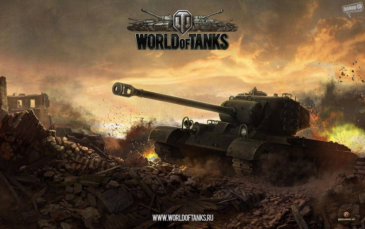 World 桌布 壁紙 — 一輛巨大的坦克在熾熱的夕陽天空下衝過瓦礫，身後爆炸四起。