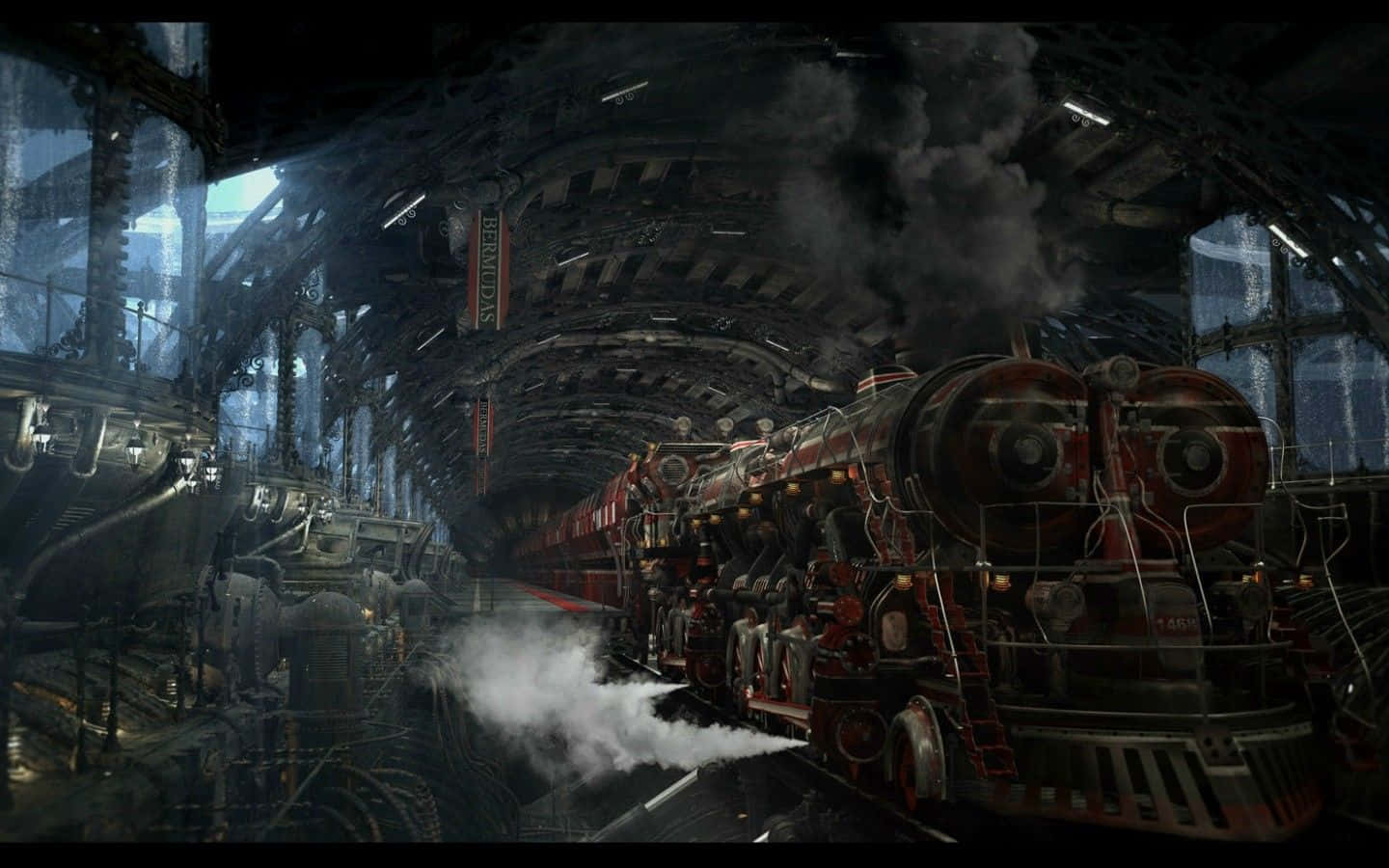 Dark Steampunk 桌布 壁紙 — 一輛巨大的紅色蒸汽火車頭在昏暗的工業火車站中噴出煙霧，車站有高聳的金屬拱門和懸掛的管道。