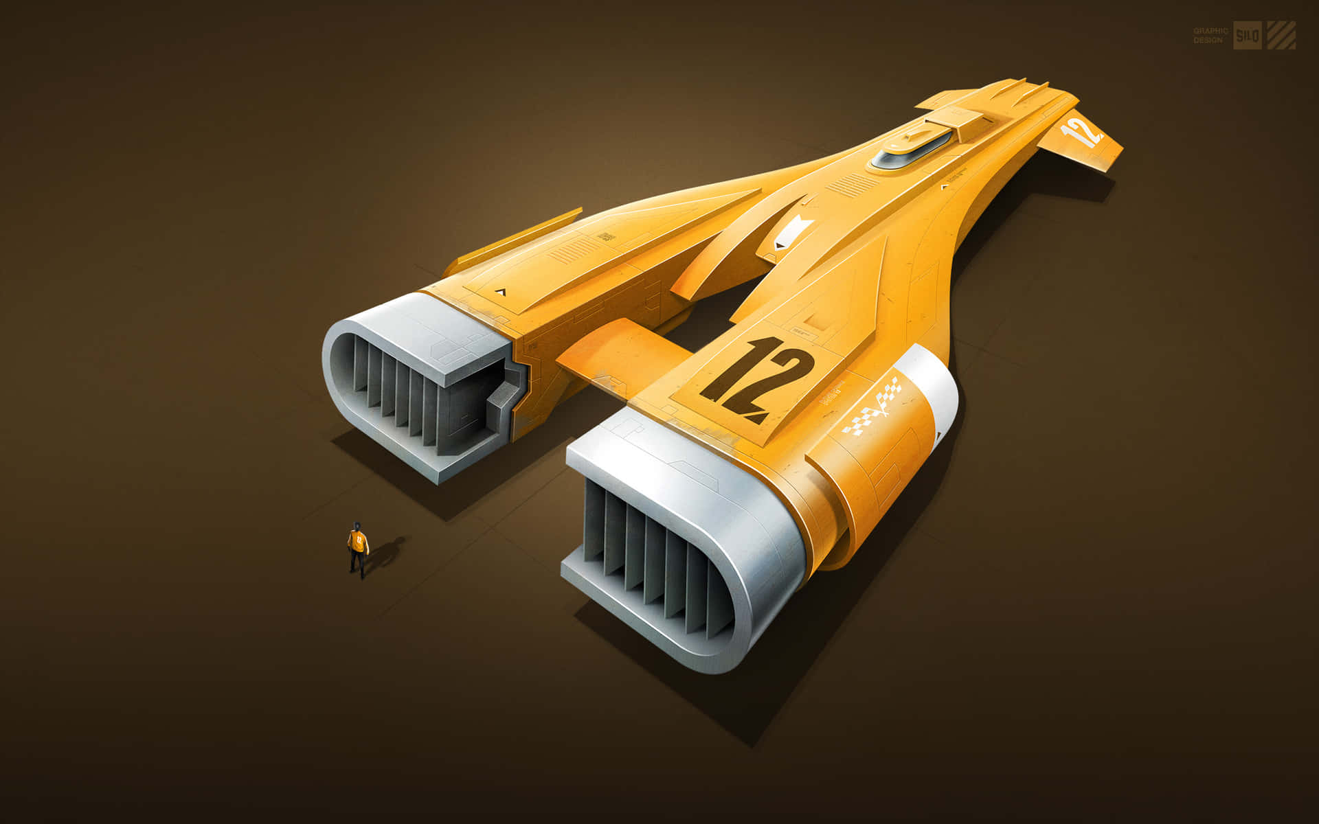 The Podrace 桌布 壁紙 — 一輛巨大的黃色未來賽車，編號12，在昏暗的攝影棚環境中聳立在一個小人之上。