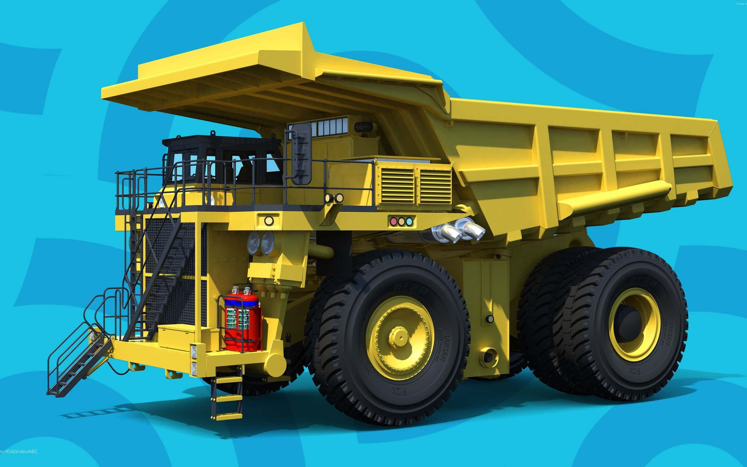 Dump Truck 桌布 壁紙 — 一輛巨大的黃色礦用自卸車，配備巨型輪胎，矗立在風格化的藍色背景前。