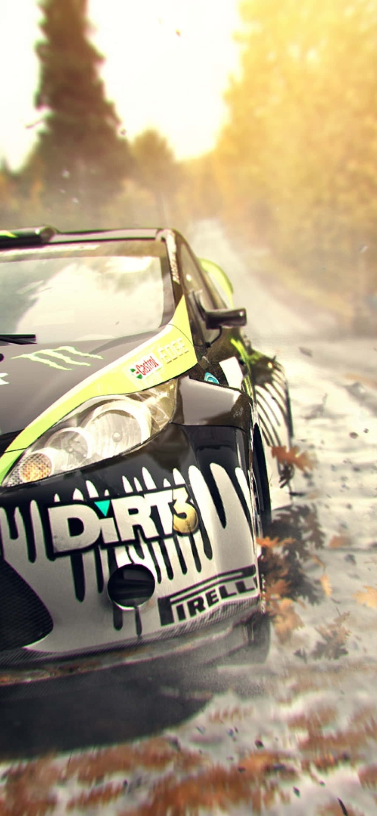 iPhone X Dirt Showdown 桌布 壁紙 — 一輛帶有「DiRT 3」標誌的拉力賽車在金色陽光下疾馳穿過森林小徑，揚起灰塵和落葉。