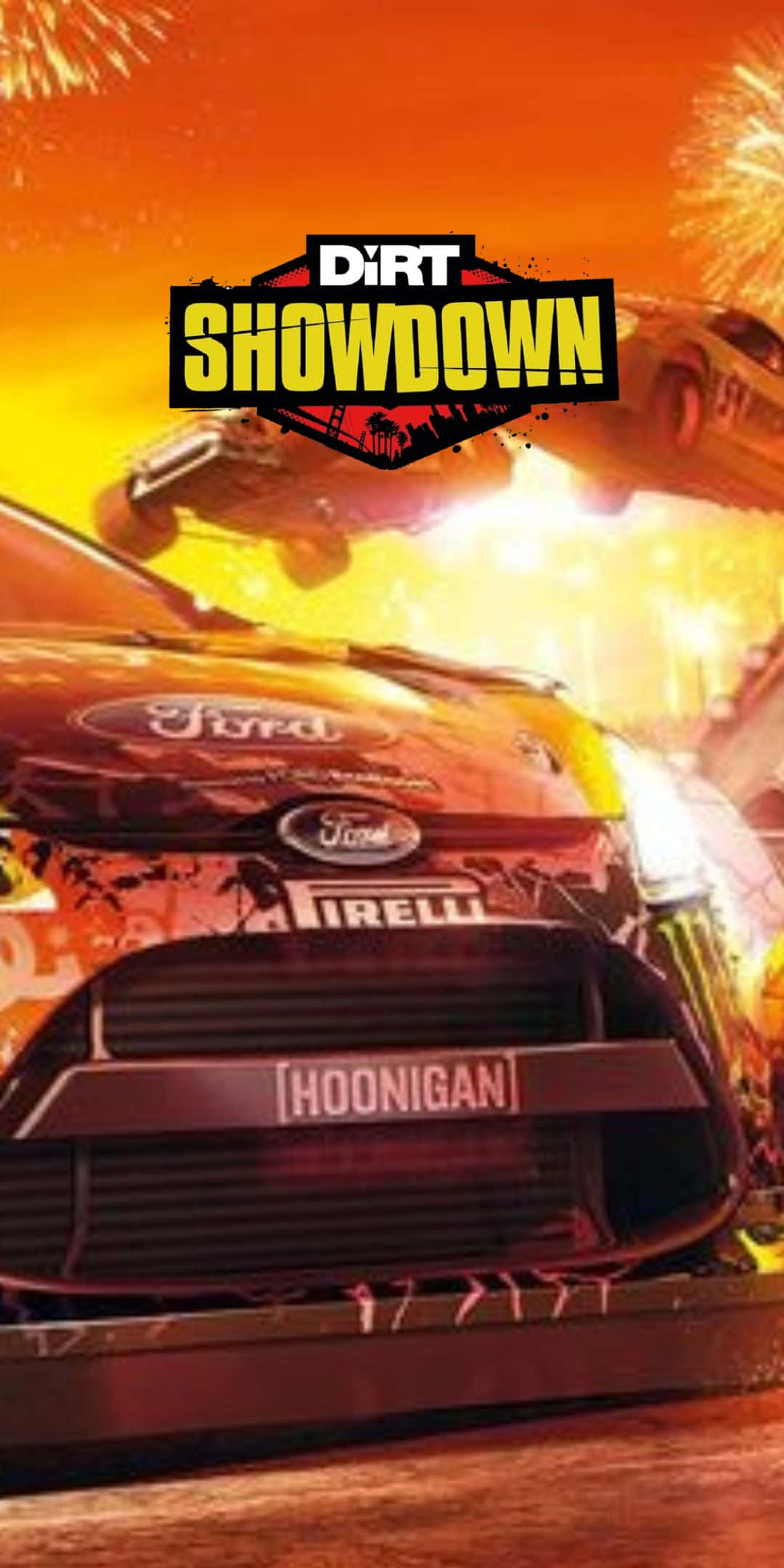 Pixel 3 Dirt Showdown 桌布 壁紙 — 一輛帶有 'Hoonigan' 品牌的火橙色福特賽車，在煙火和 'DiRT Showdown' 標誌的爆炸性日落場景中疾馳。