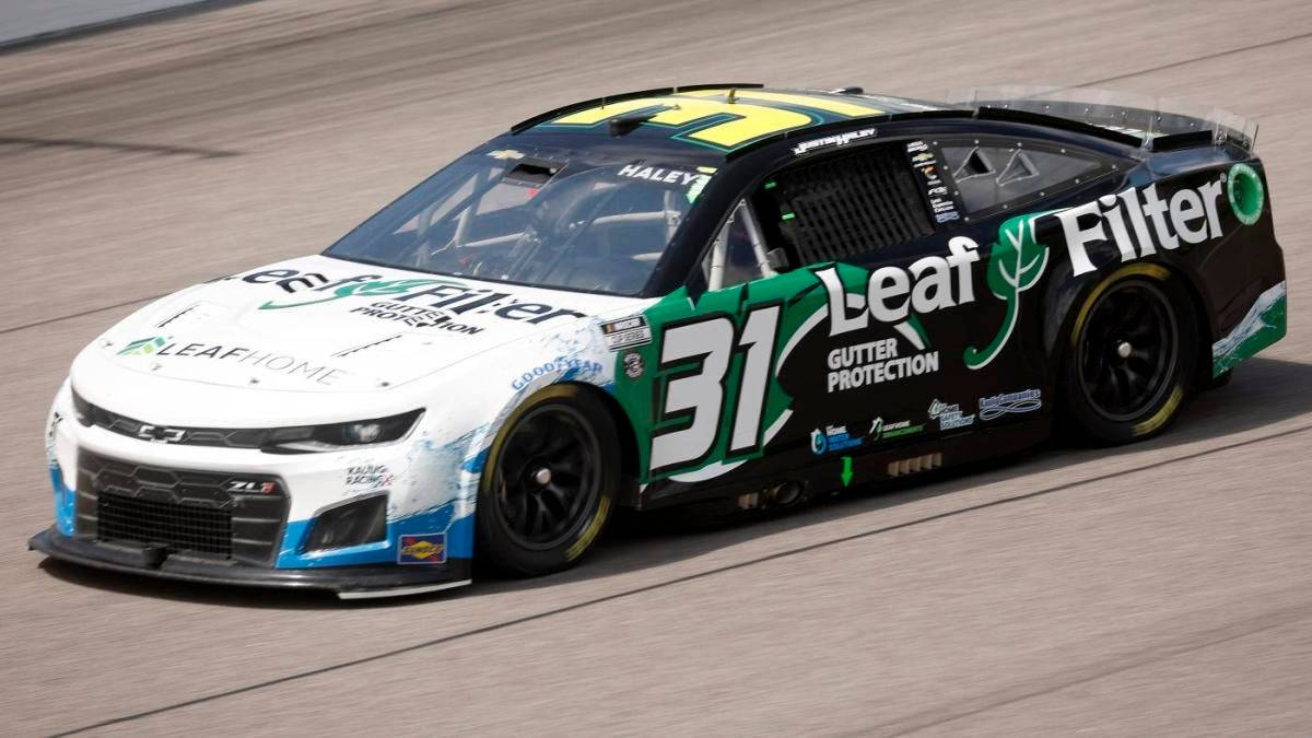 Road 桌布 壁紙 — 一輛帶有 Leaf Filter 品牌標誌的 NASCAR 賽車在陽光明媚的賽道上疾馳。