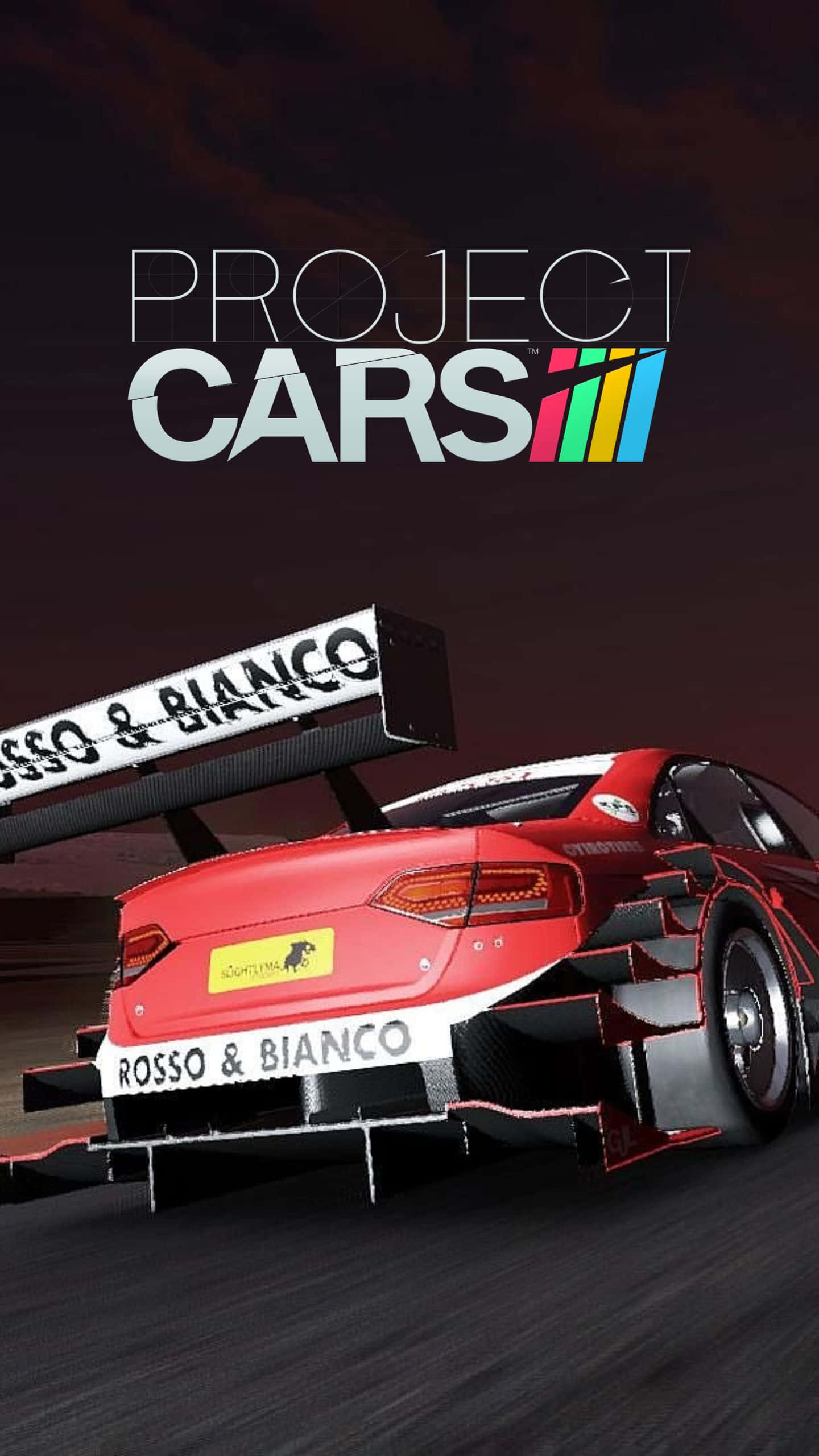 Android Project Cars 桌布 壁紙 — 一輛帶有 'Rosso & Bianco' 品牌的紅色賽車在黑暗天空下的賽道上疾馳，上方有 'Project CARS' 標題。