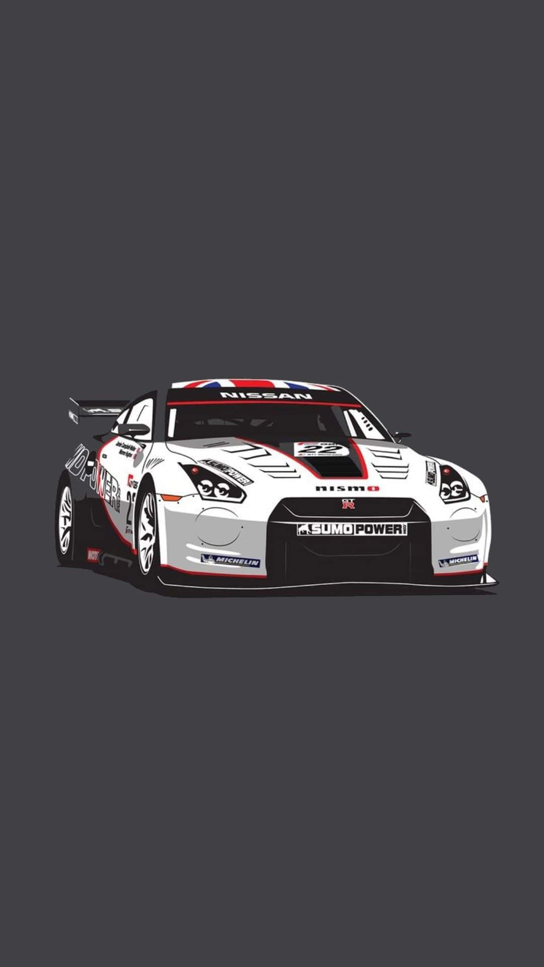 吉他 iPhone 桌布 壁紙 — 一輛帶有「Sumo Power」品牌標誌的白色和紅色日產GT-R賽車，在深灰色背景上蓄勢待發。