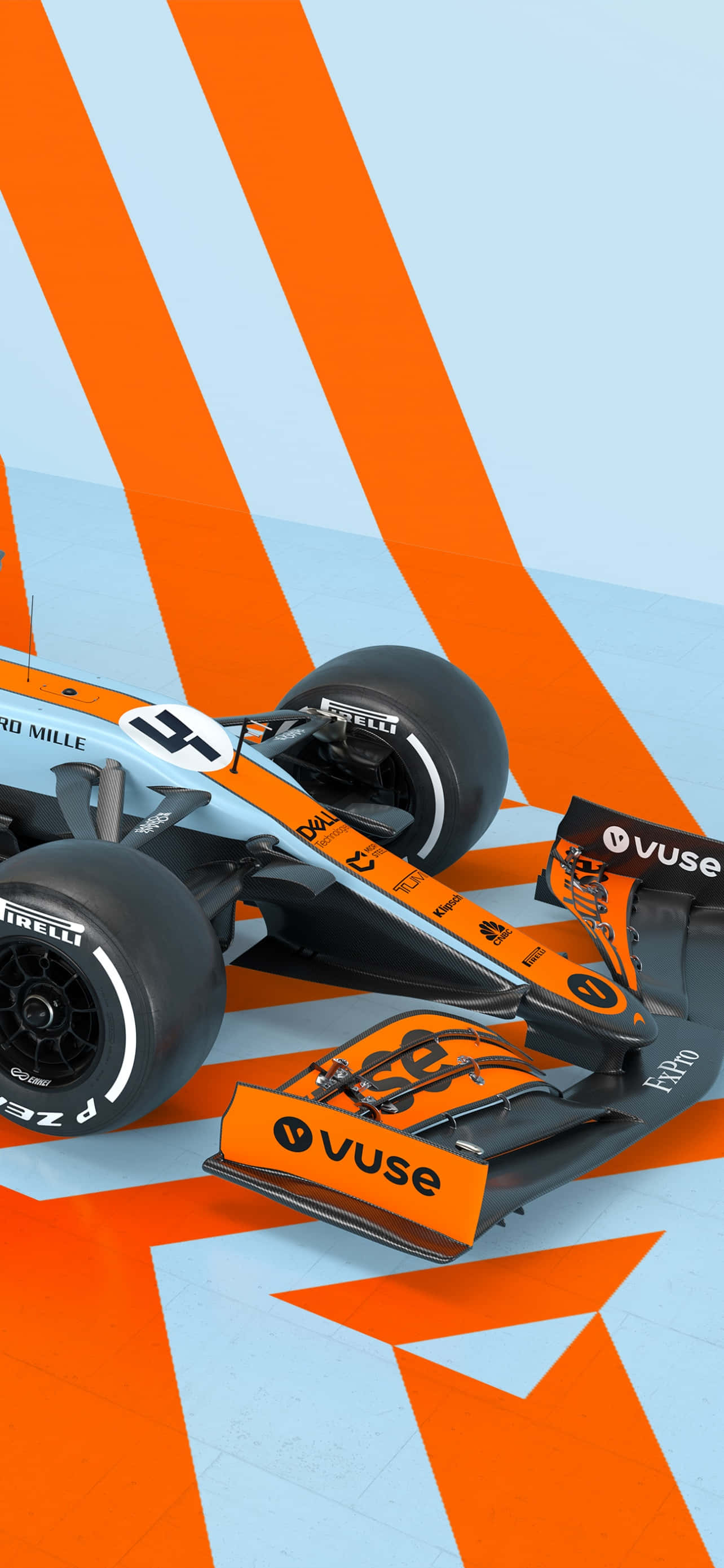 Formula One 桌布 壁紙 — 一輛帶有 'Vuse' 品牌標誌的時尚橙色和淺藍色一級方程式賽車，停放在大膽的橙色和淺藍色幾何賽道表面上。
