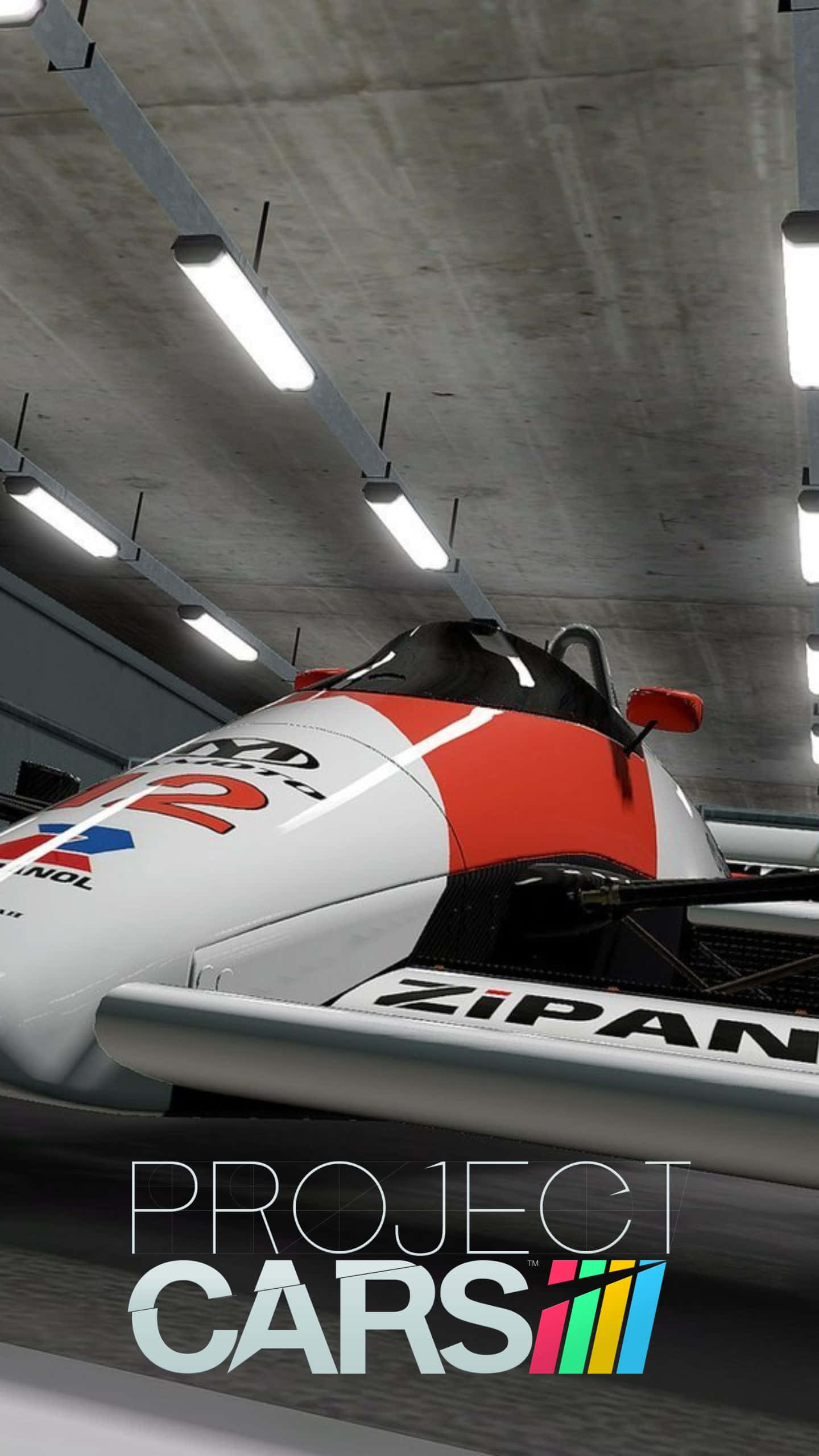 Android Project Cars 桌布 壁紙 — 一輛帶有 'ZiPAN' 品牌的時尚白色和紅色賽車停在混凝土車庫的明亮螢光燈下。