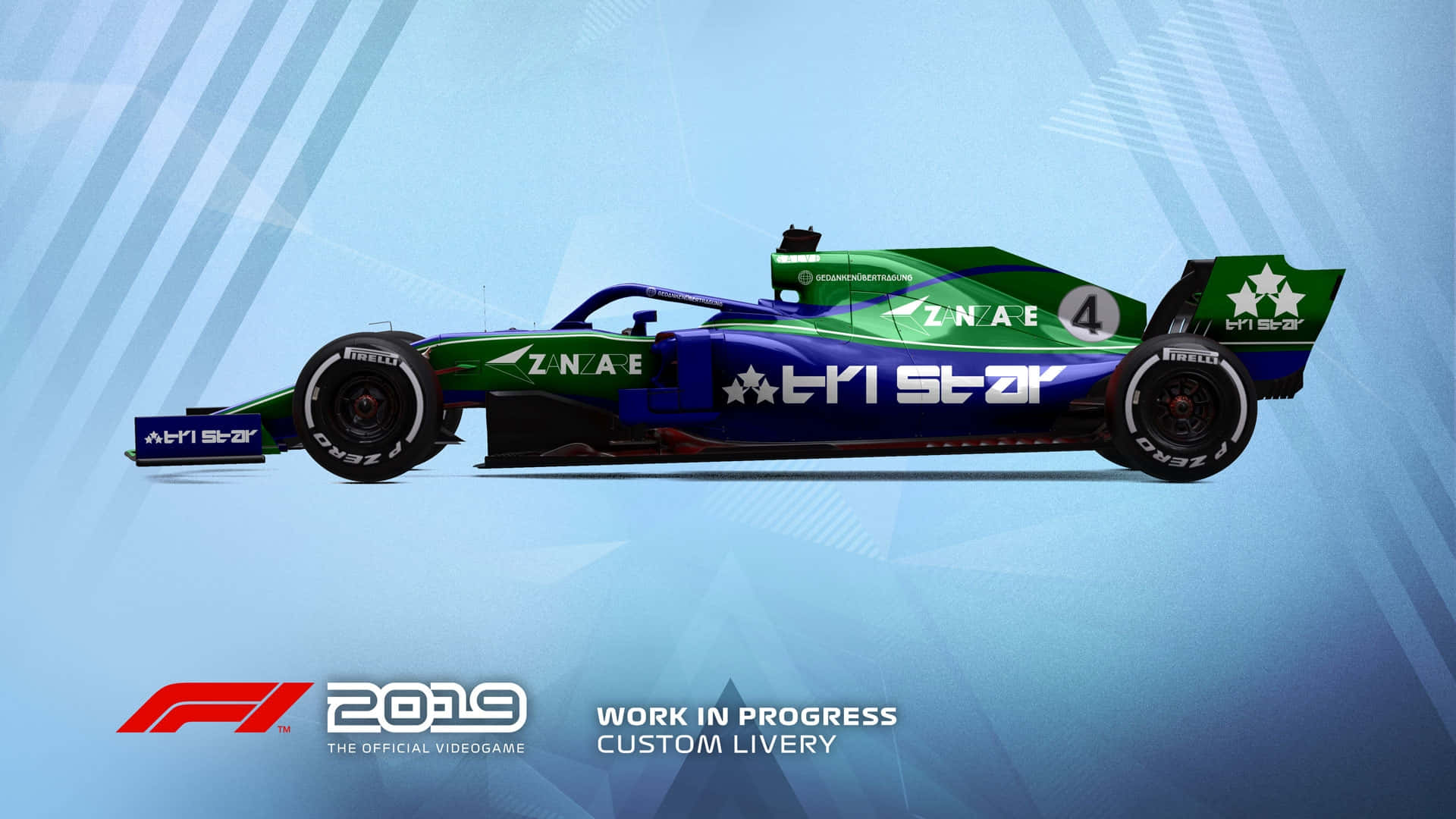 HD F1 2019 桌布 壁紙 — 一輛帶有 'ZNAE' 和 'HYI STAR' 品牌的時尚綠色和藍色一級方程式賽車，在風格化的幾何藍色背景上滑行。