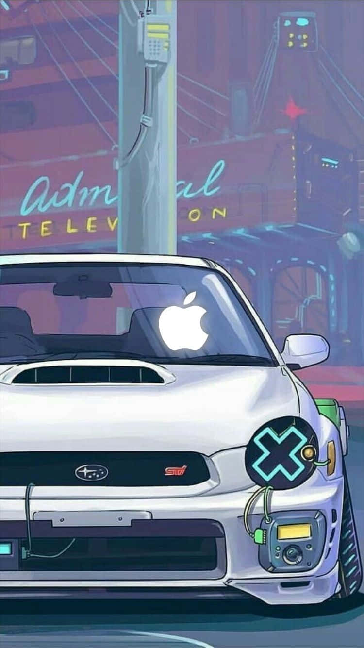 Subaru 桌布 壁紙 — 一輛帶有Apple標誌的白色Subaru在夜晚停泊在霓虹燈閃爍的賽博朋克城市街道上。