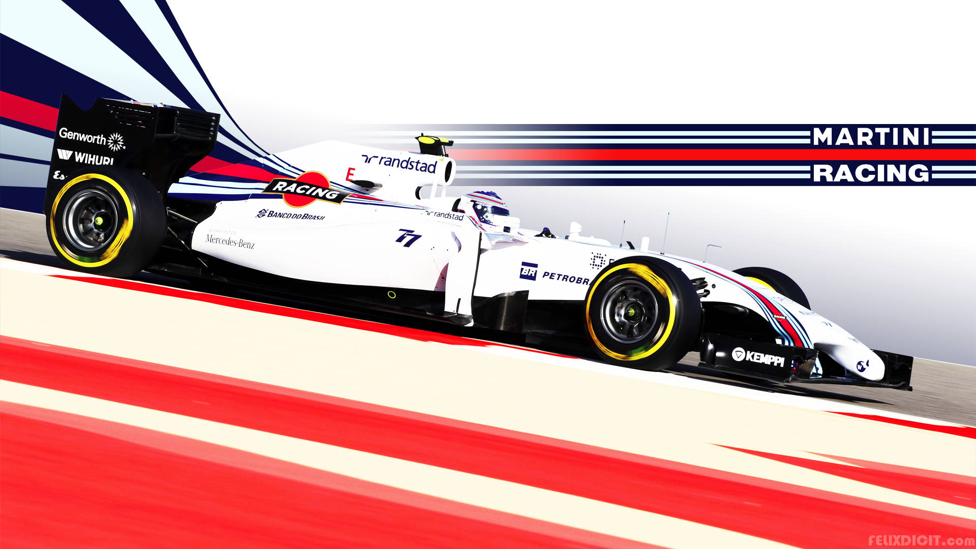 F1 桌布 壁紙 — 一輛帶有Martini Racing塗裝的白色一級方程式賽車在紅色賽道上疾馳，帶有動態模糊效果。