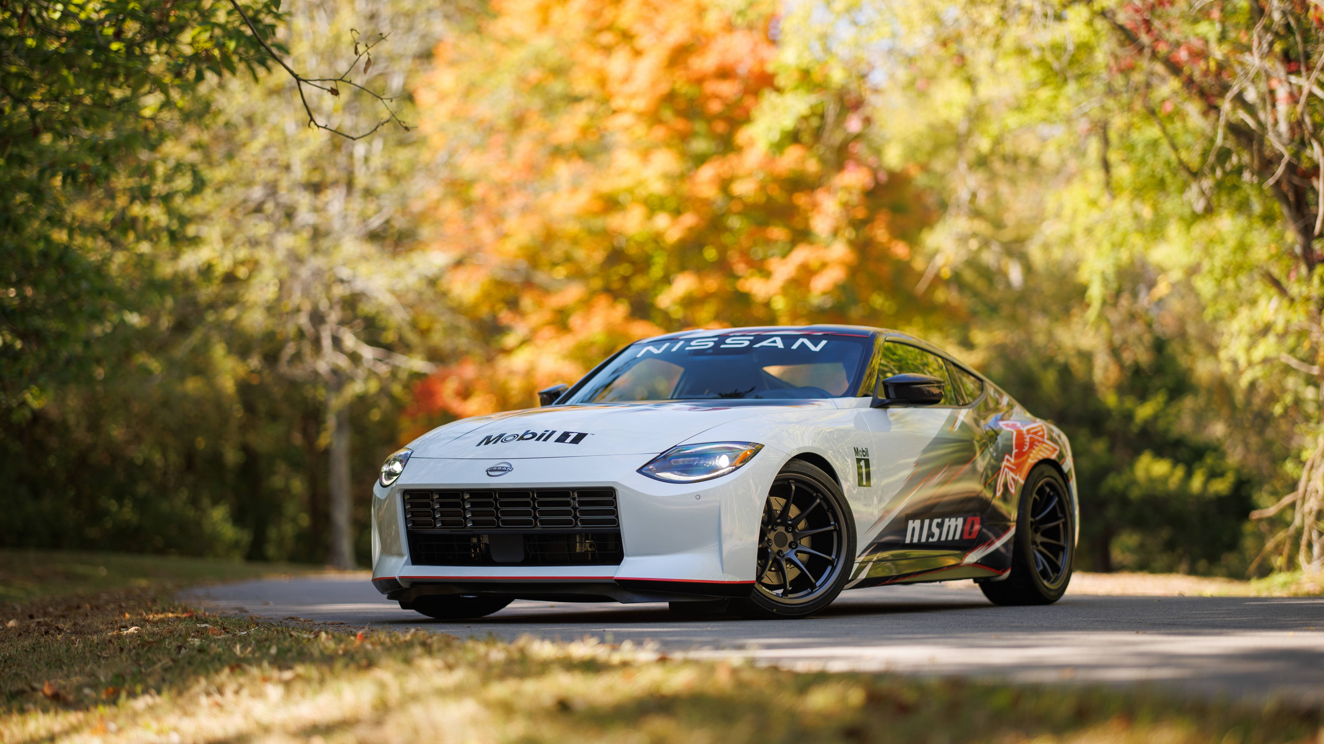 Nissan 桌布 壁紙 — 一輛帶有Mobil 1和Nismo貼花的白色日產Z賽車，在金色陽光下沿著樹木成行的秋日道路飛馳。